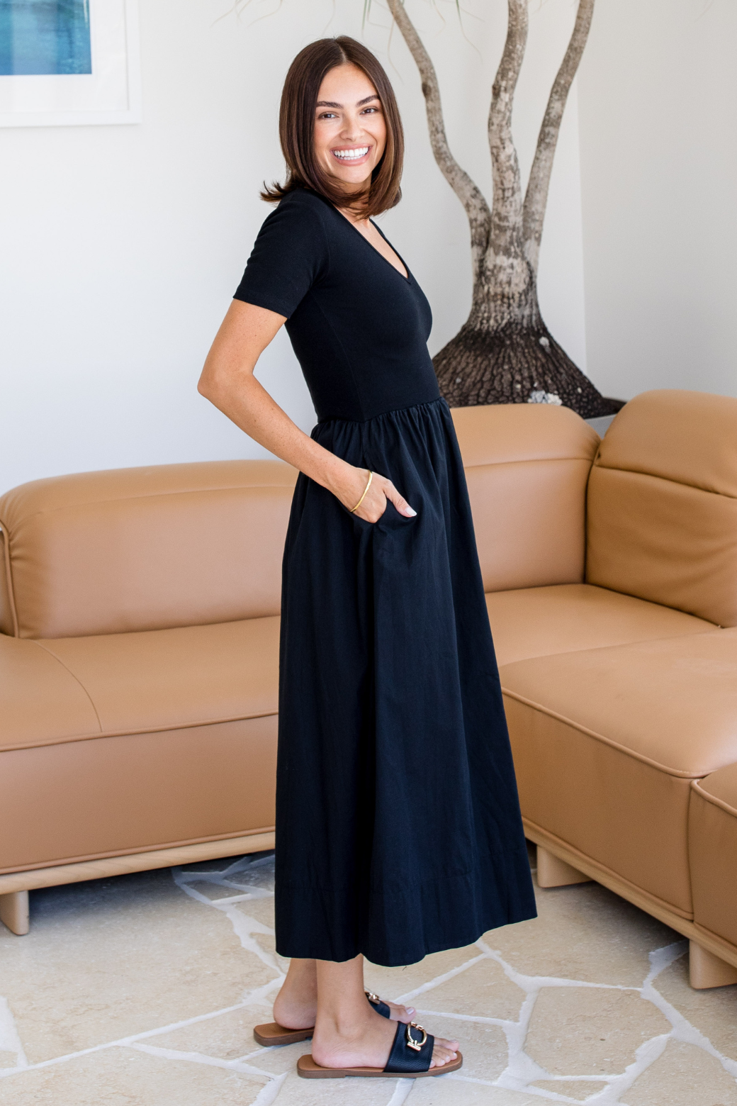 Alicia V Neck Tshirt Midi Dress Black