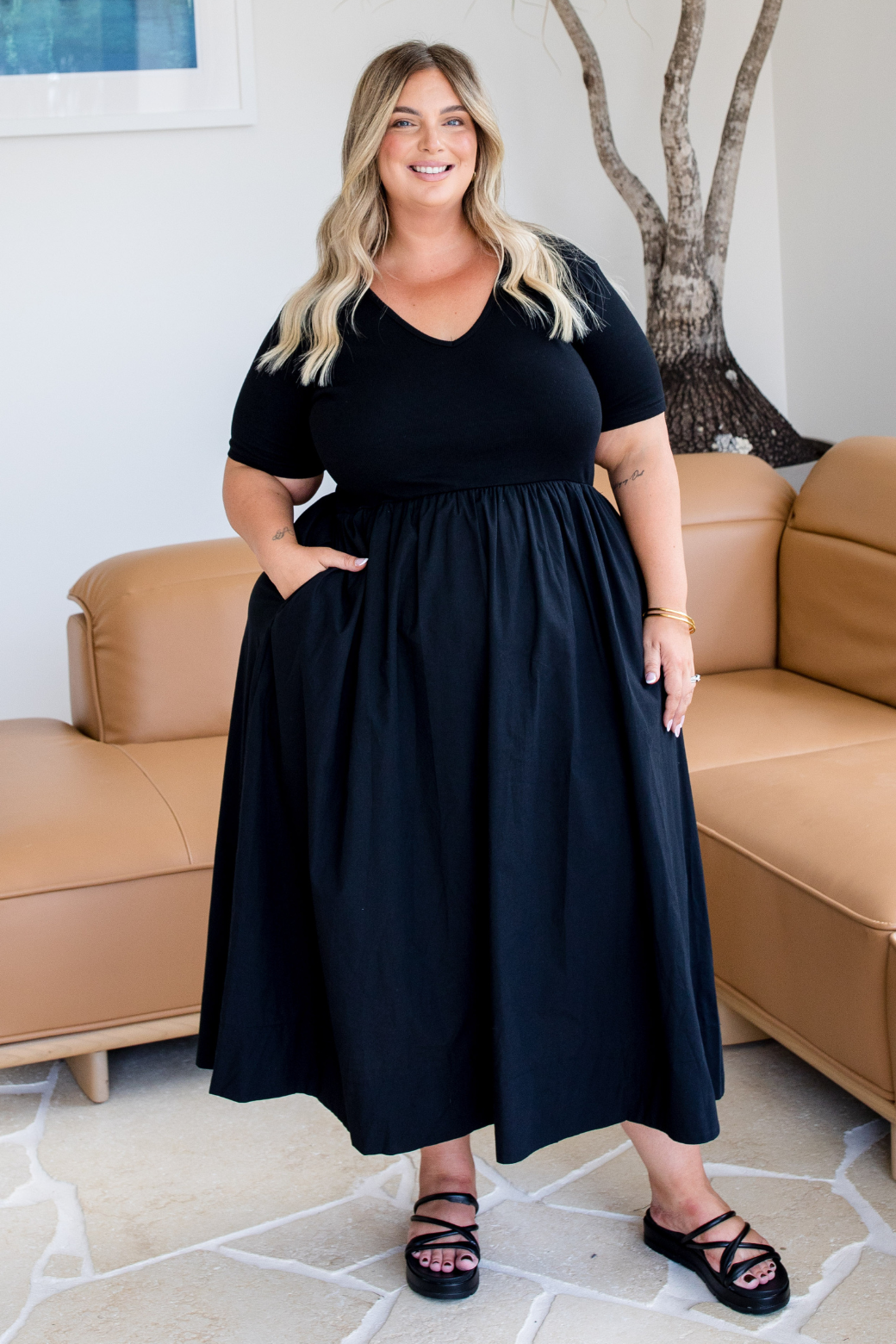 Alicia V Neck Tshirt Midi Dress Black