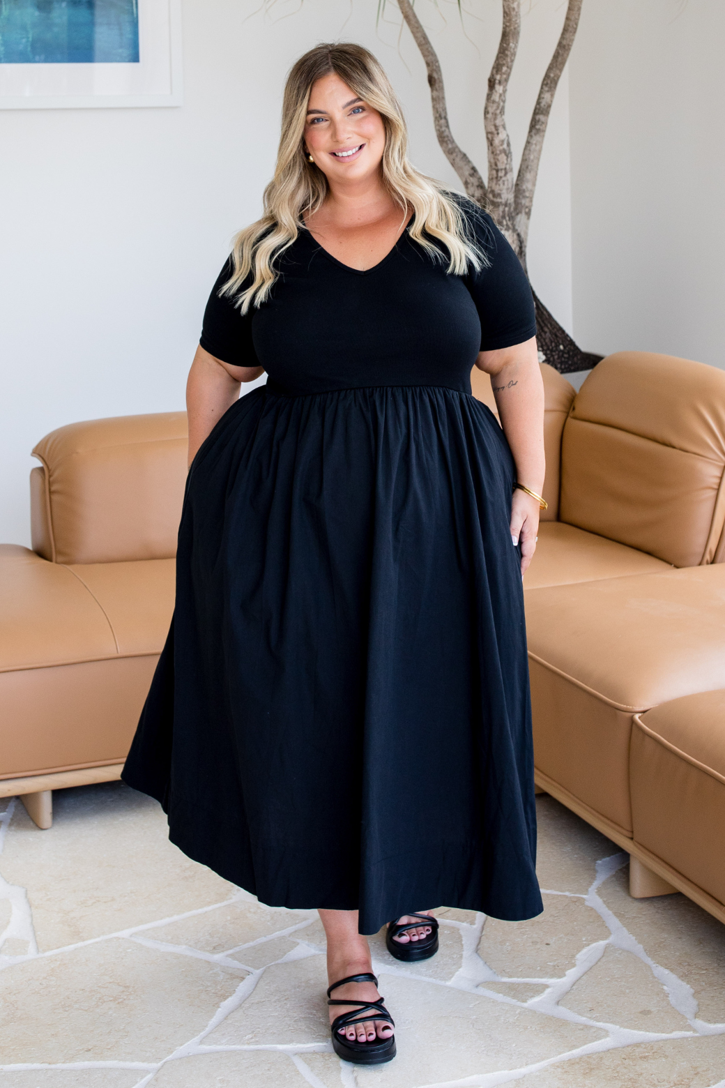 Alicia V Neck Tshirt Midi Dress Black