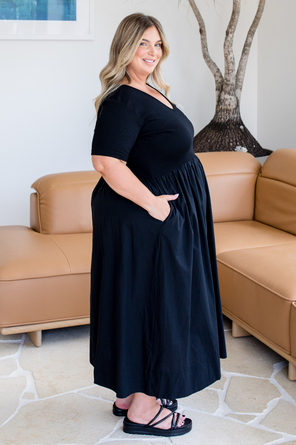Alicia V Neck Tshirt Midi Dress Black