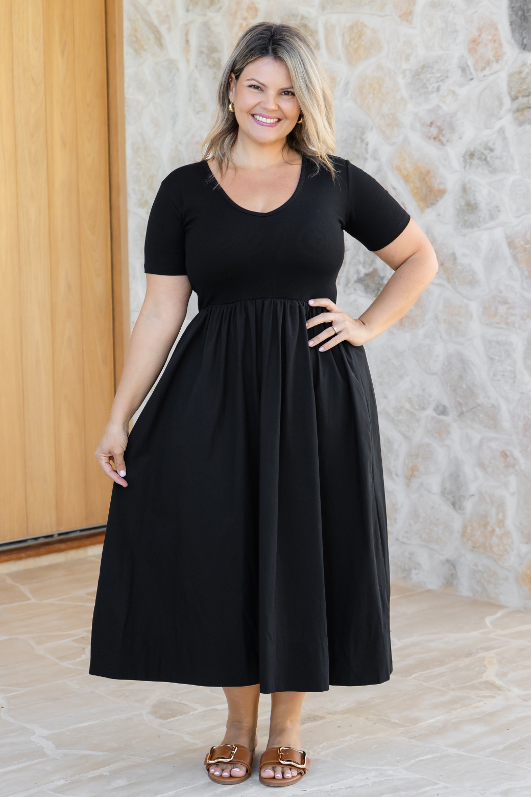 Alicia V Neck Tshirt Midi Dress Black