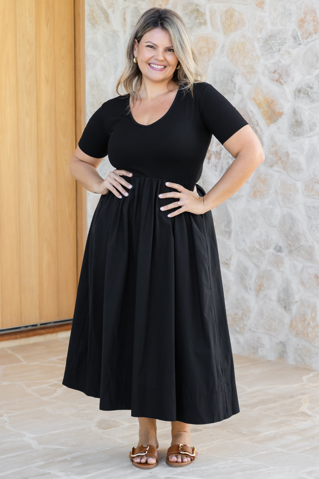 Alicia V Neck Tshirt Midi Dress Black