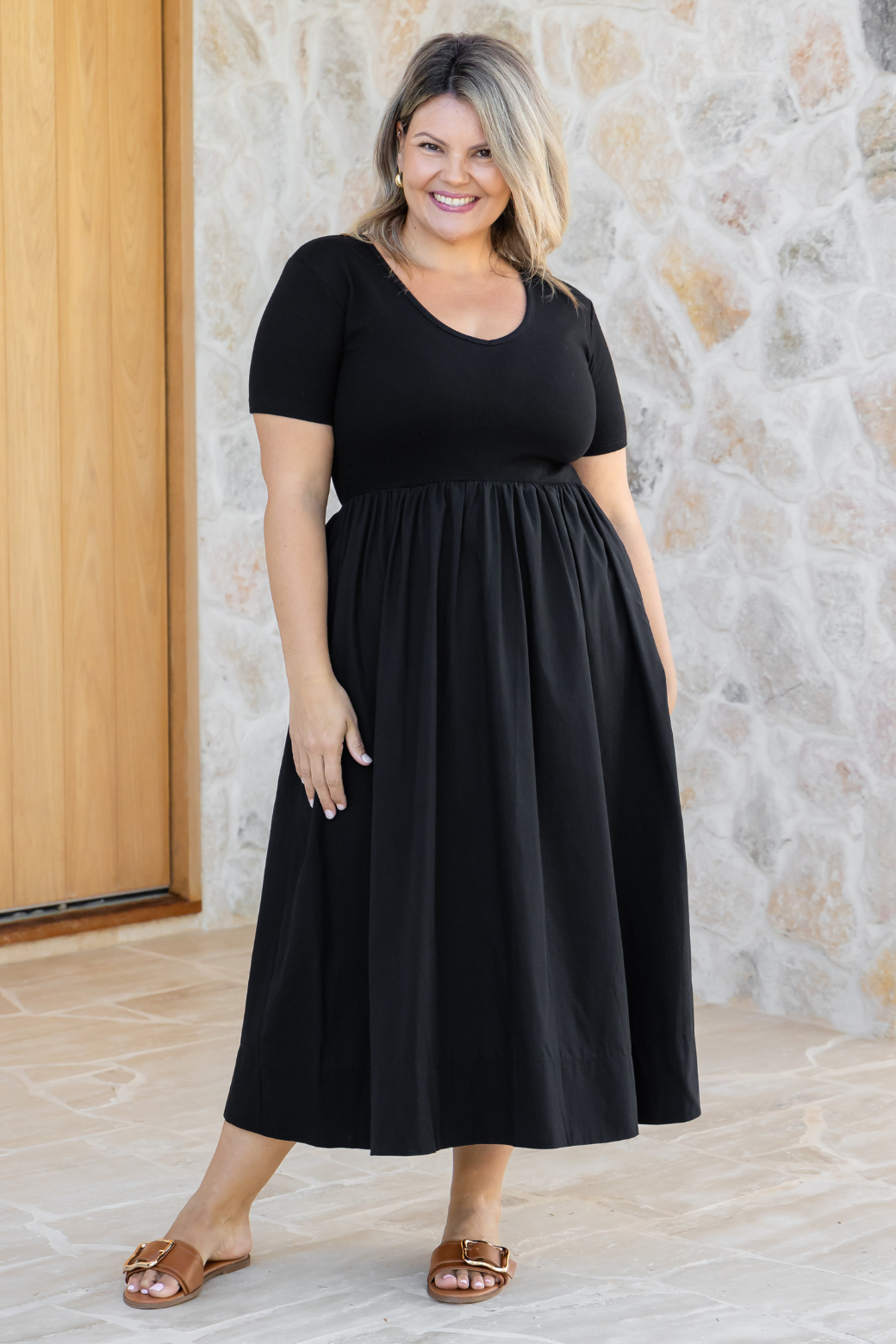 Alicia V Neck Tshirt Midi Dress Black
