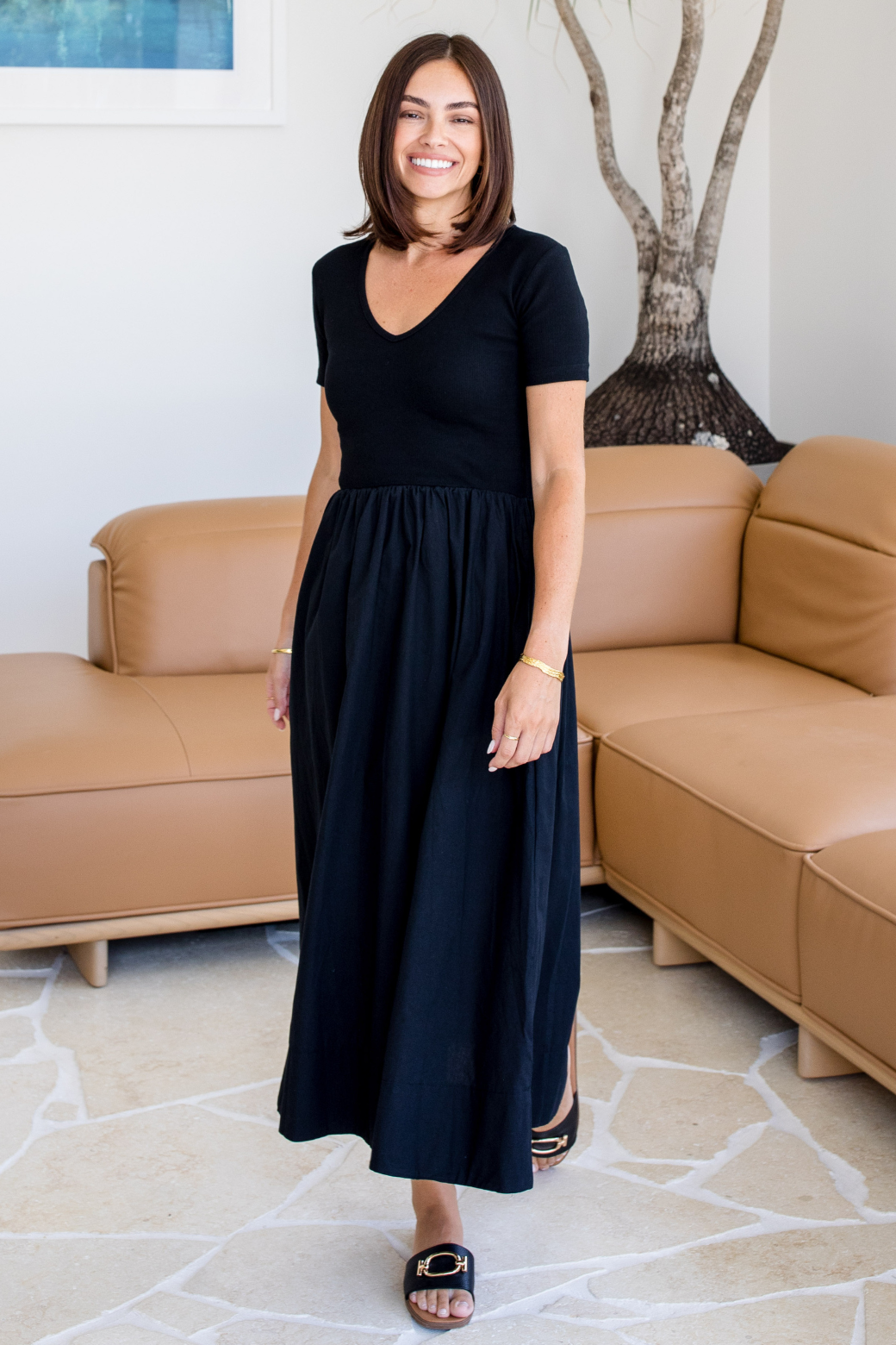 Alicia V Neck Tshirt Midi Dress Black