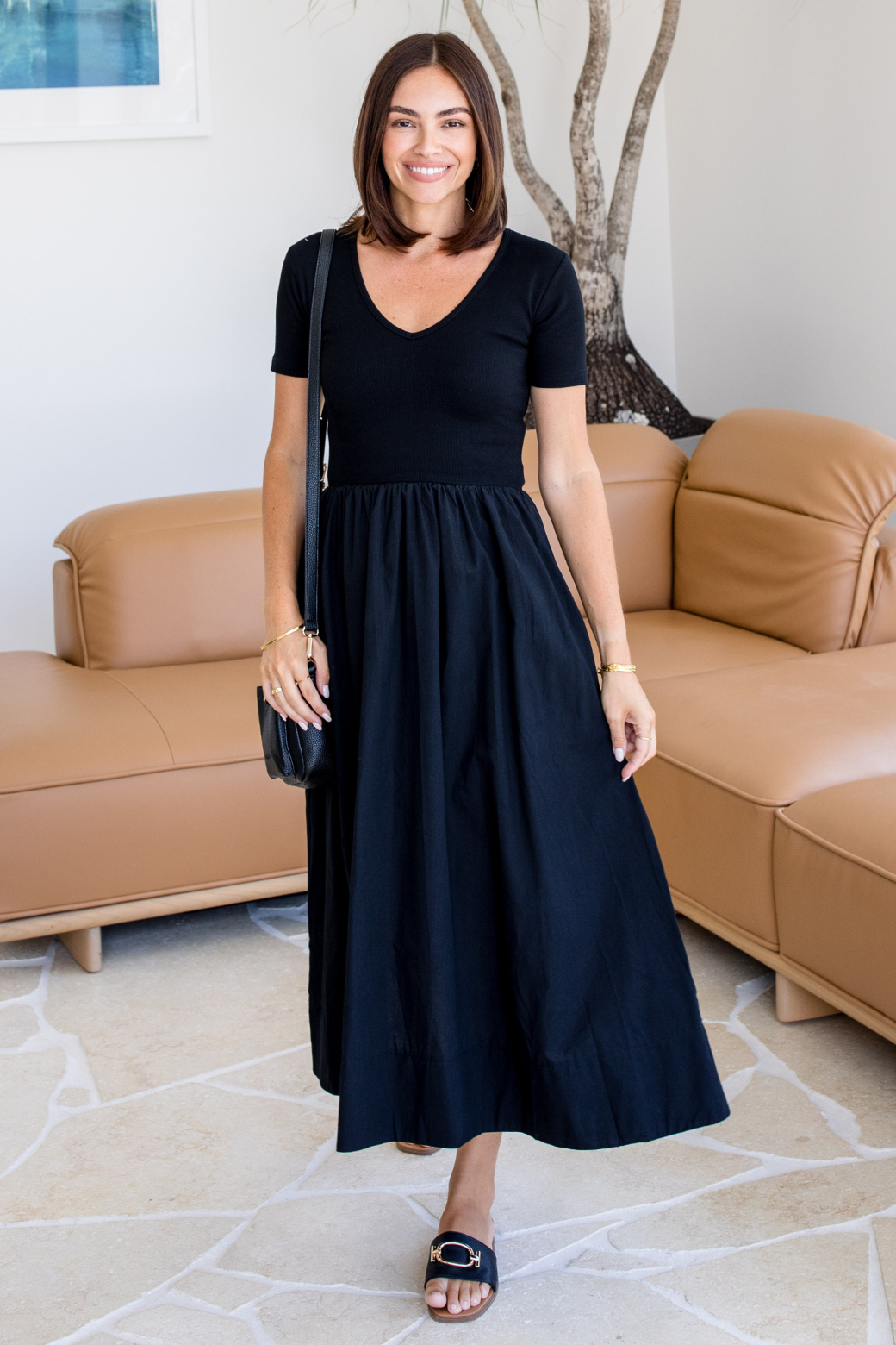 Alicia V Neck Tshirt Midi Dress Black