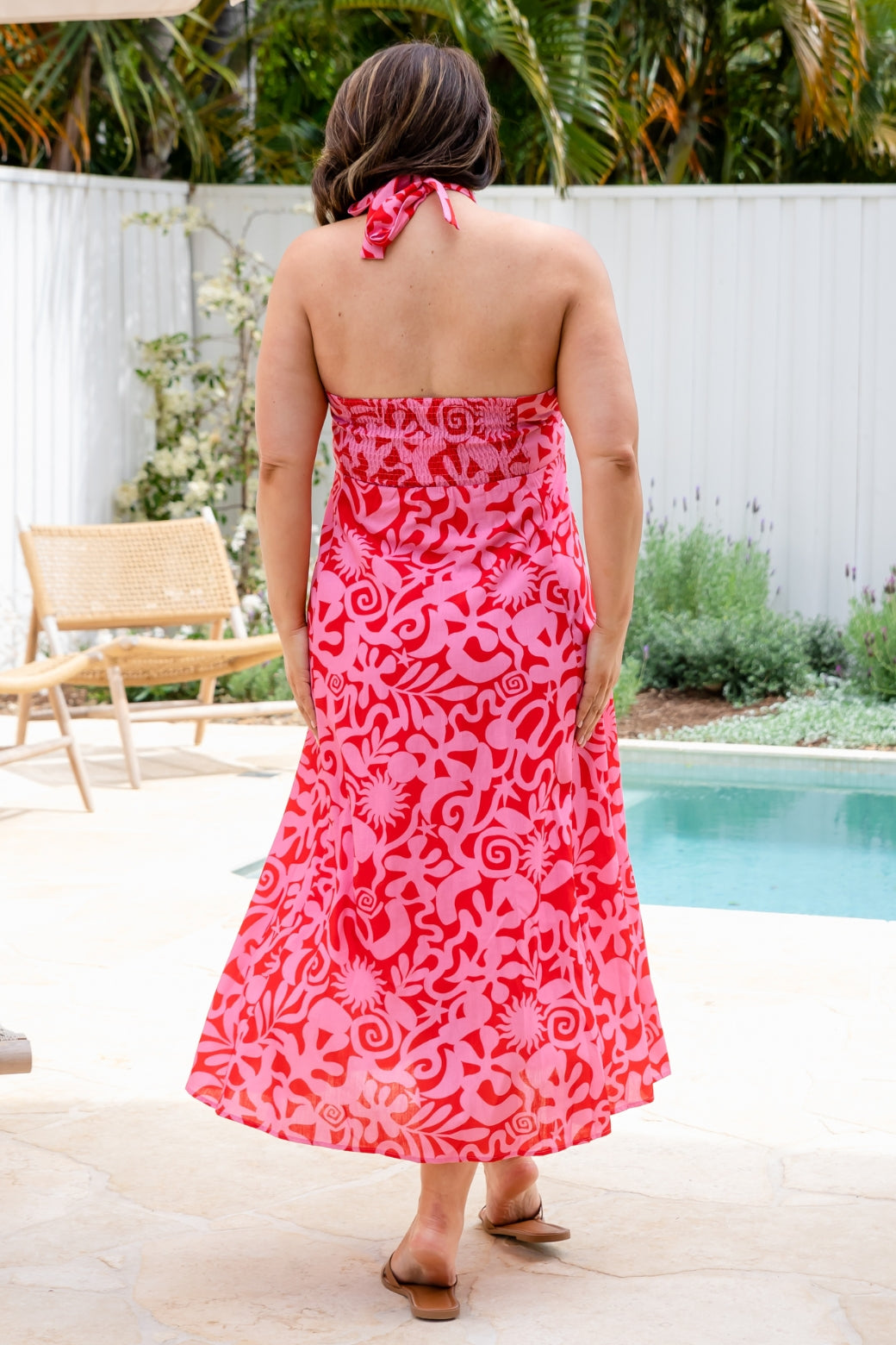 Aphrodite Halter Maxi Dress Solstice Print Red Pink