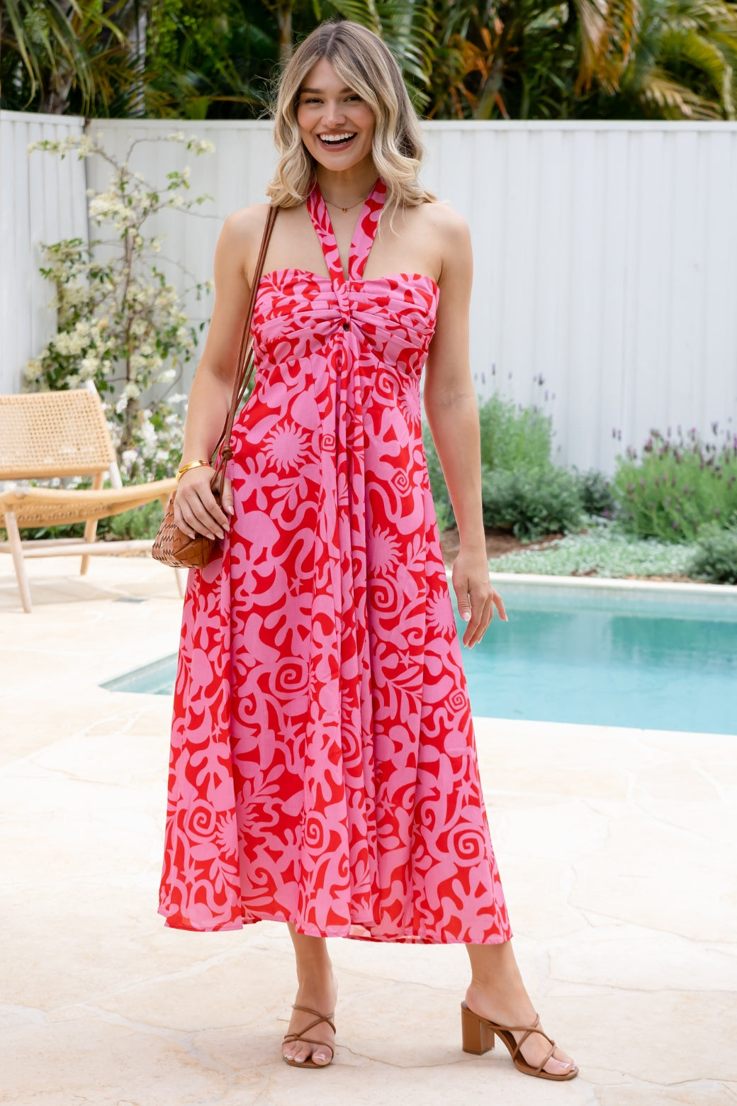 Aphrodite Halter Maxi Dress Solstice Print Red Pink