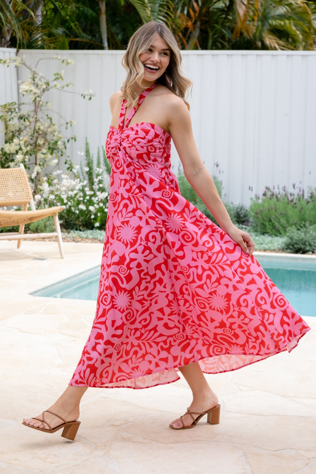 Aphrodite Halter Maxi Dress Solstice Print Red Pink