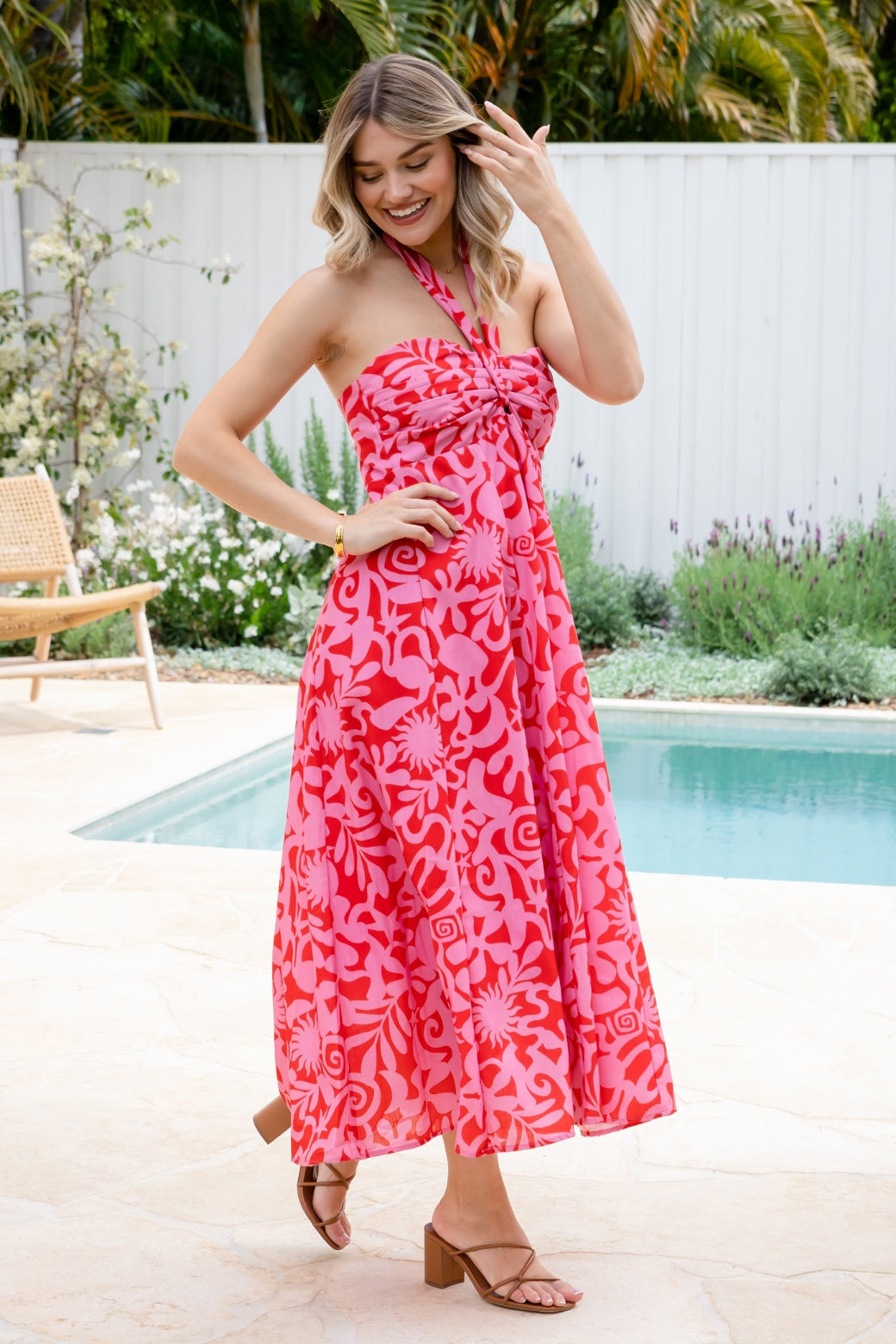Aphrodite Halter Maxi Dress Solstice Print Red Pink