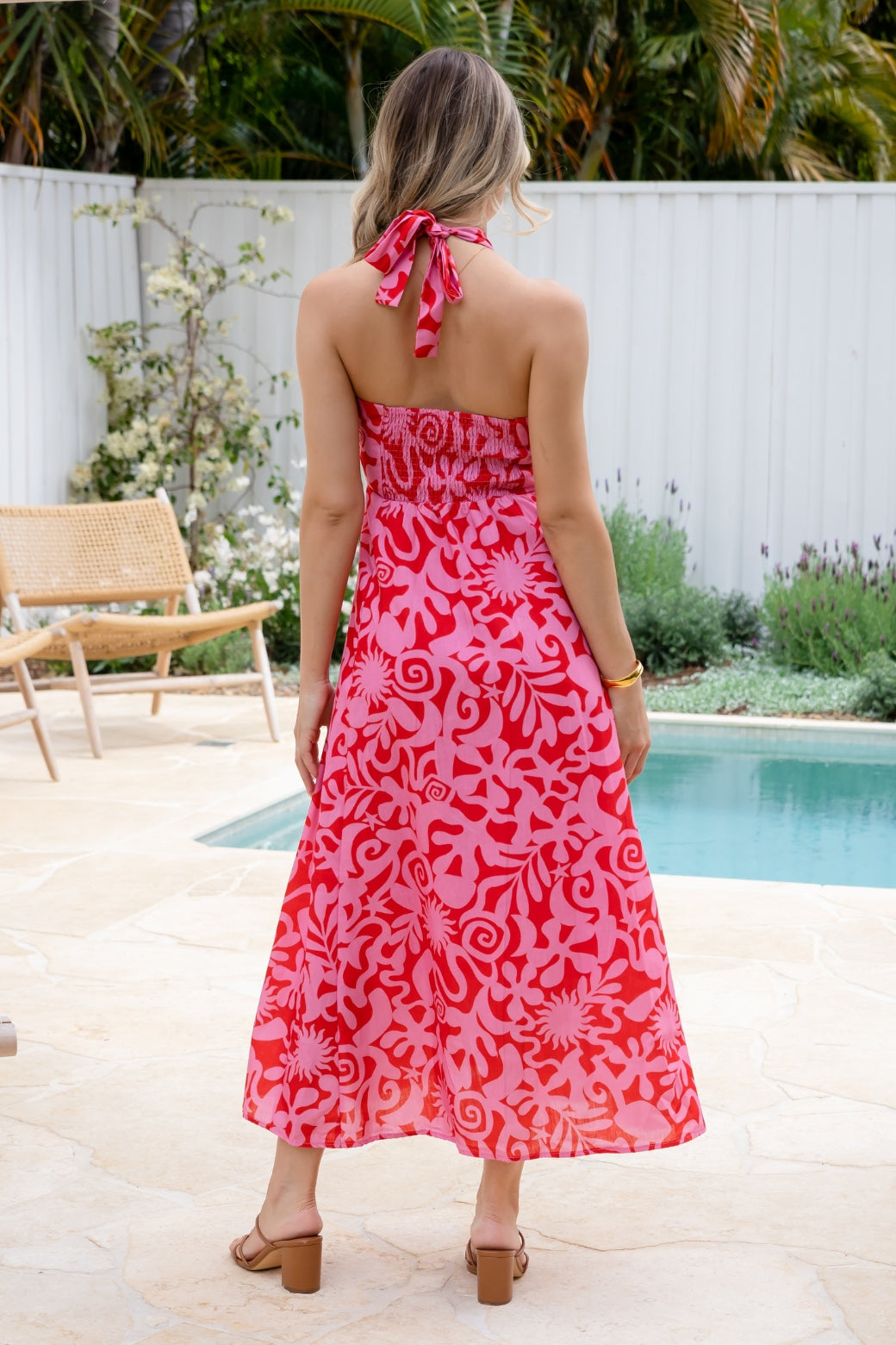 Aphrodite Halter Maxi Dress Solstice Print Red Pink