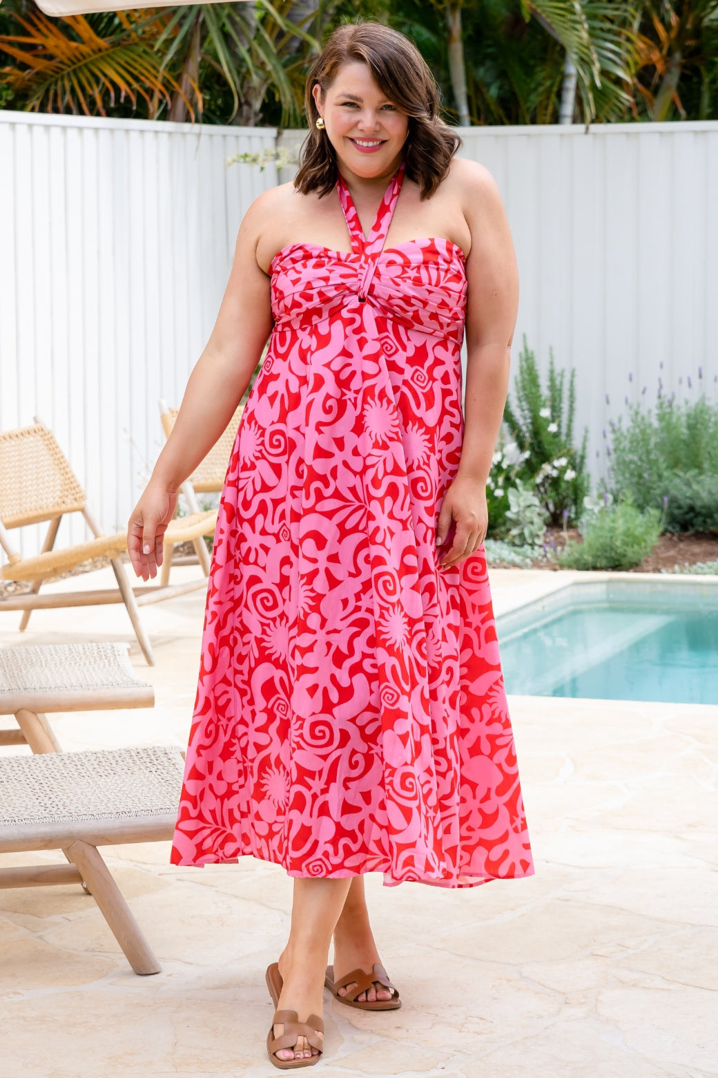 Aphrodite Halter Maxi Dress Solstice Print Red Pink