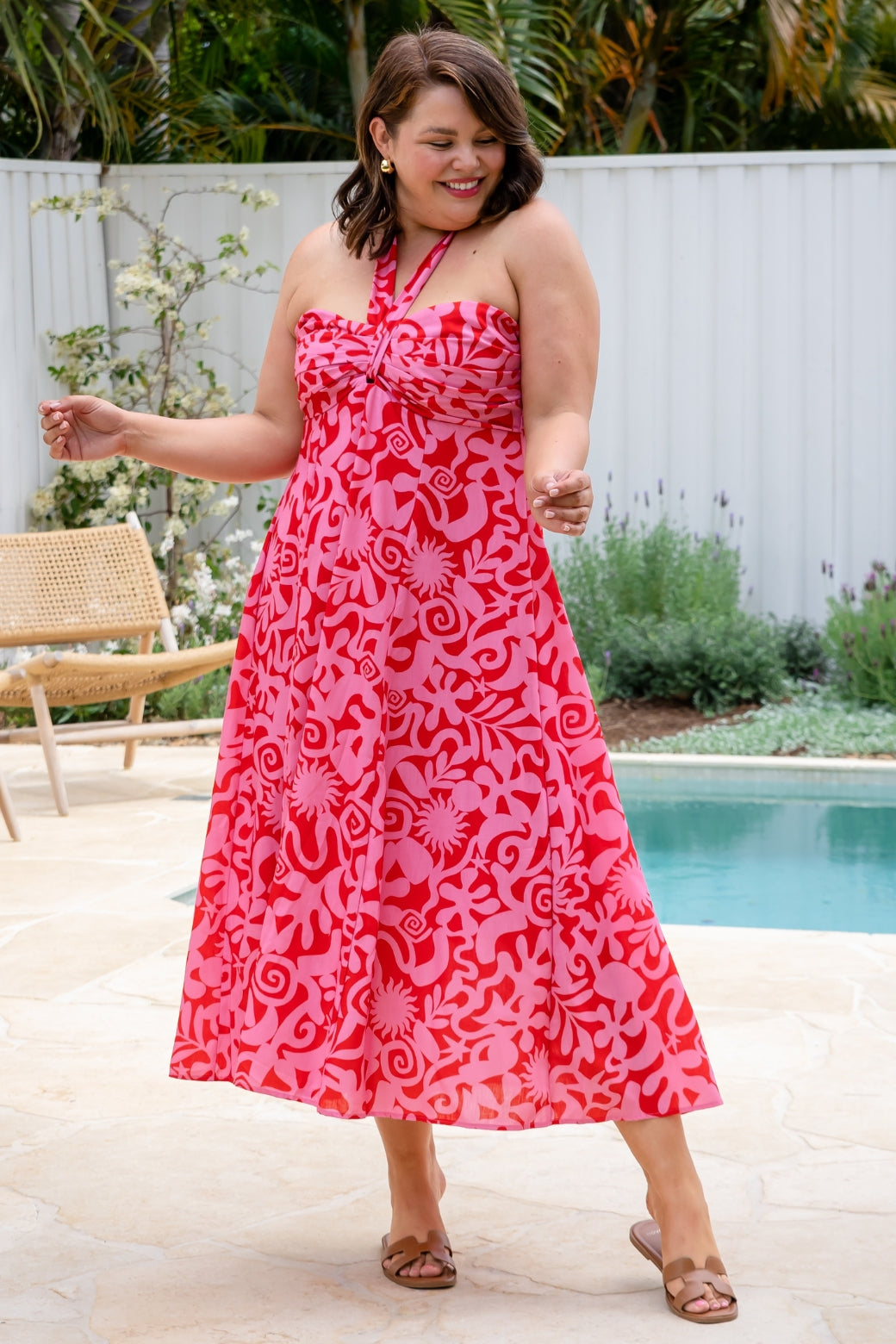 Aphrodite Halter Maxi Dress Solstice Print Red Pink