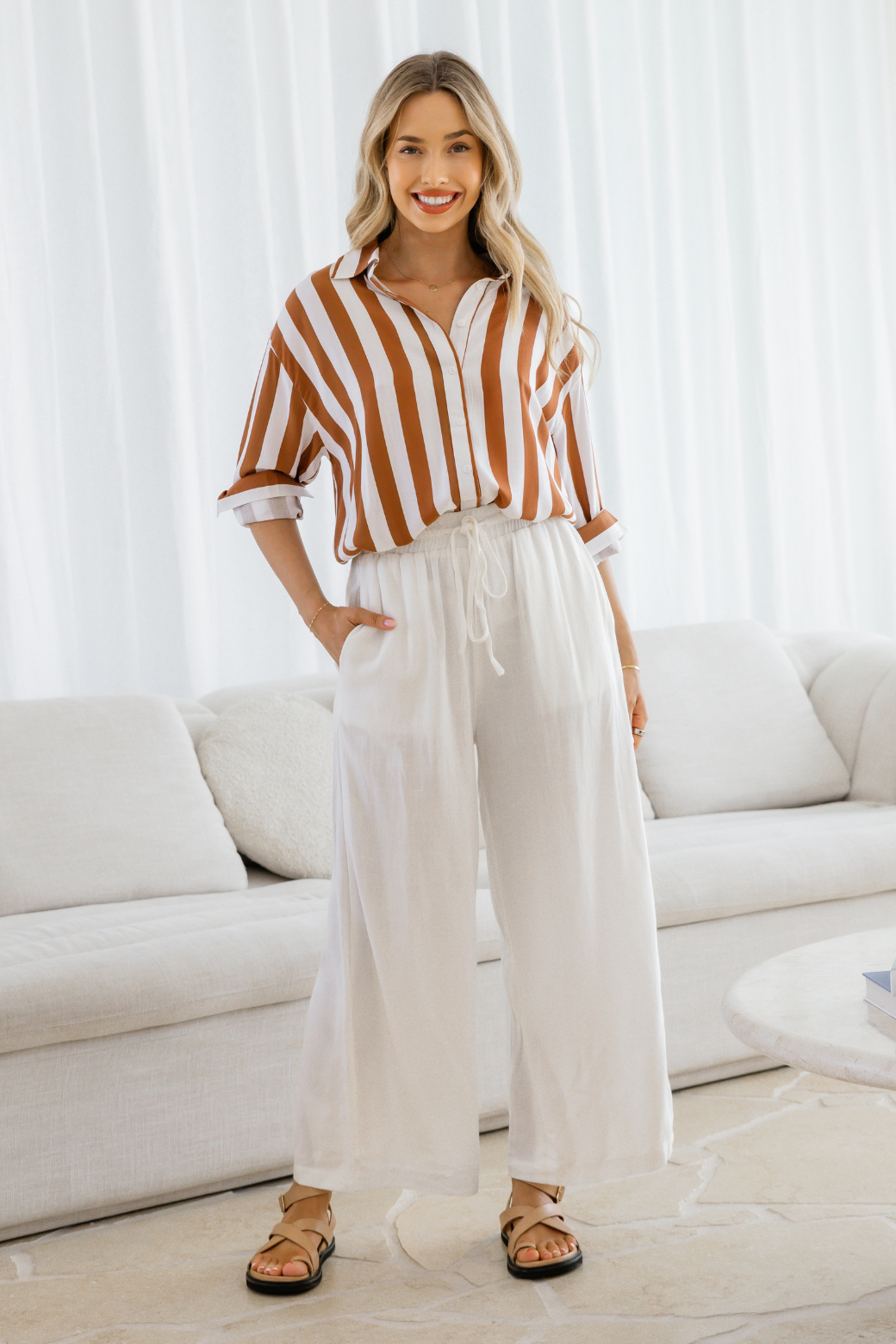 Bella Long Sleeve Shirt Caramel Stripe