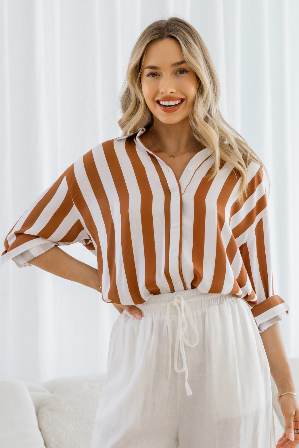 Bella Long Sleeve Shirt Caramel Stripe