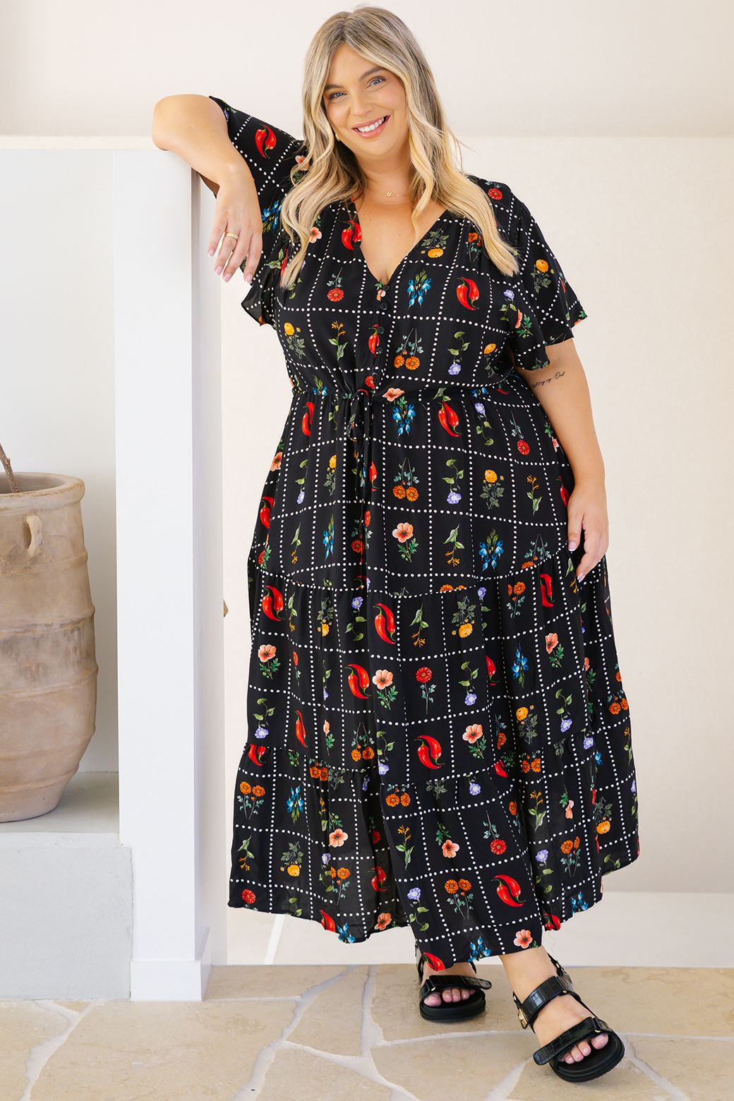 Bonnie Midi Dress Chilli Tile Print