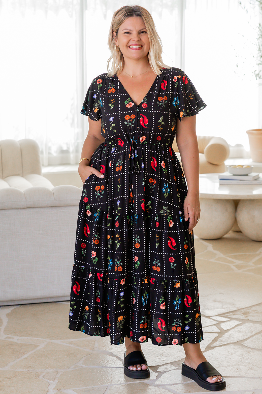 Bonnie Midi Dress Chilli Tile Print