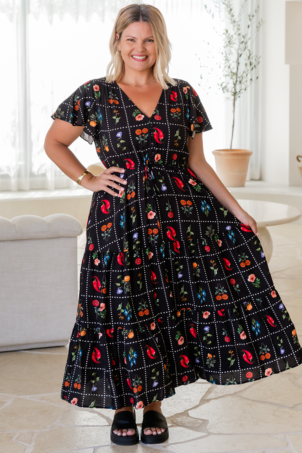 Bonnie Midi Dress Chilli Tile Print