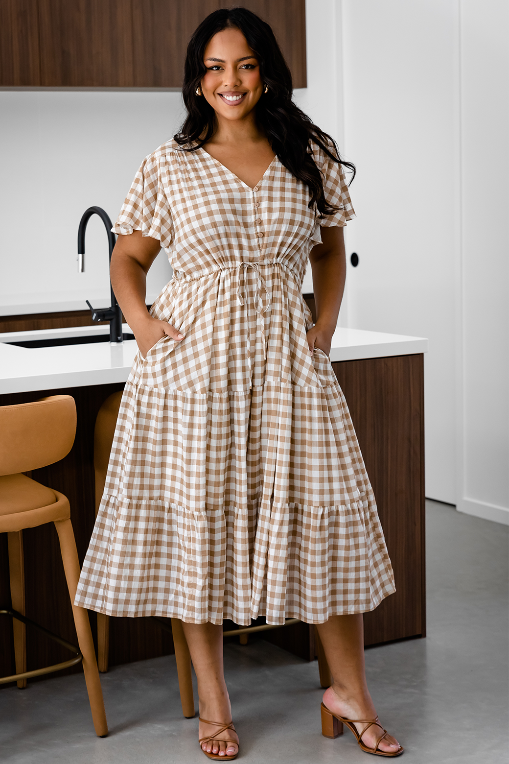 Bonnie Midi Dress Gingham Print Latte