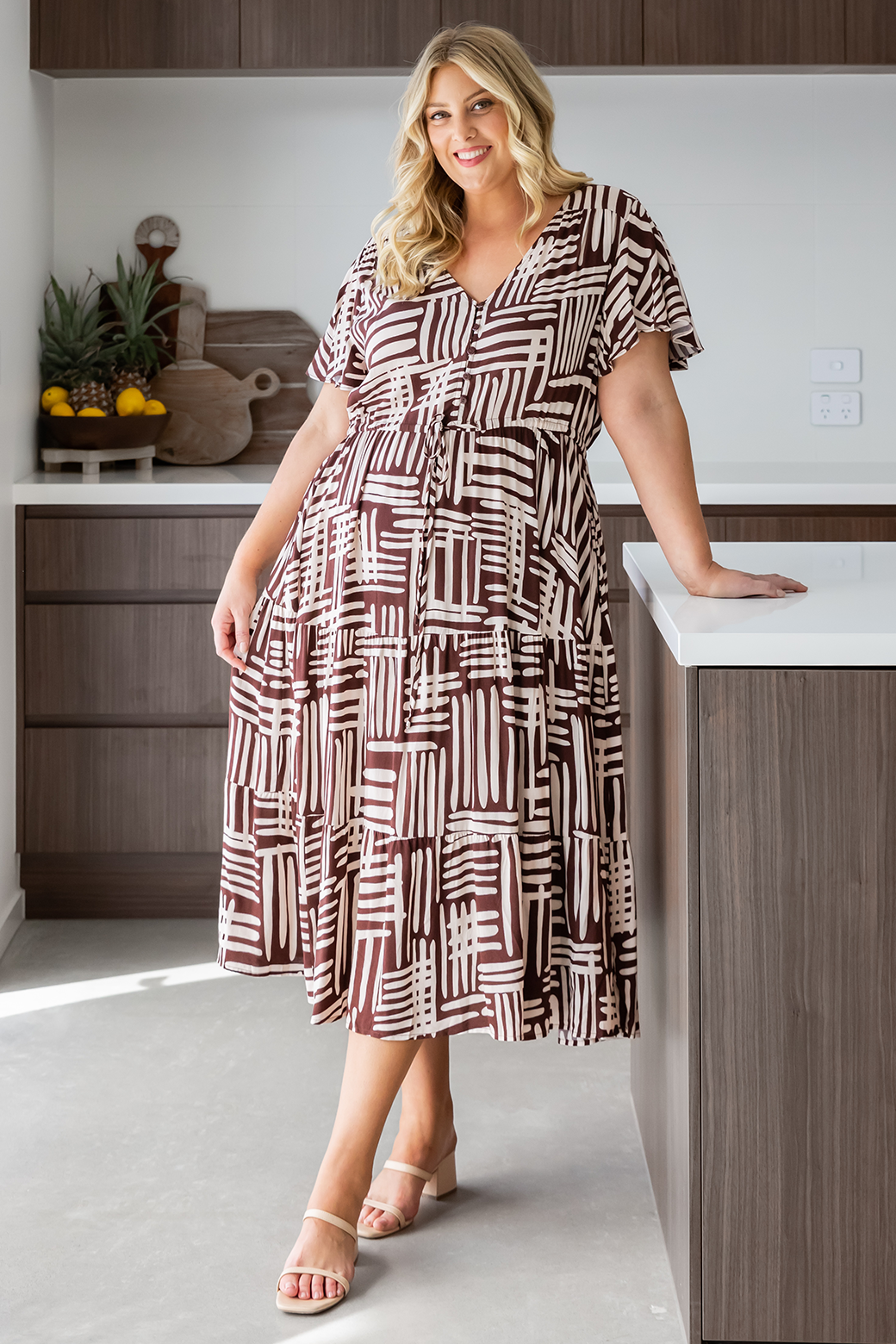 Final Sale | Bonnie Midi Dress Pathways Print Chocolate