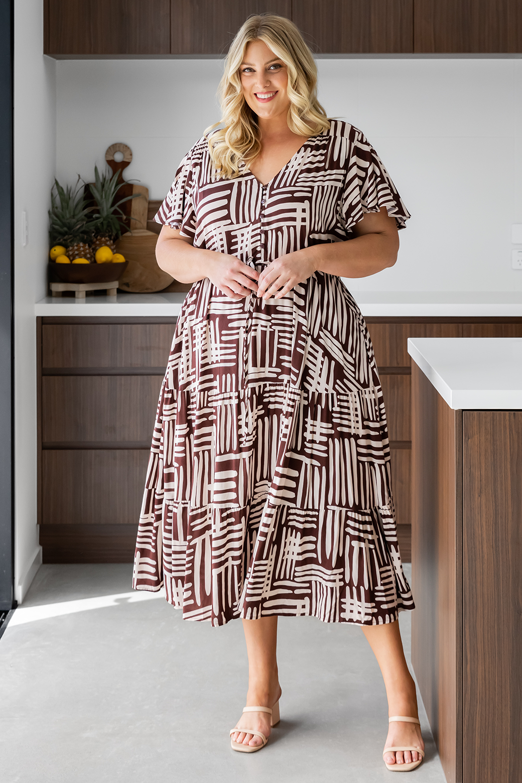 Final Sale | Bonnie Midi Dress Pathways Print Chocolate
