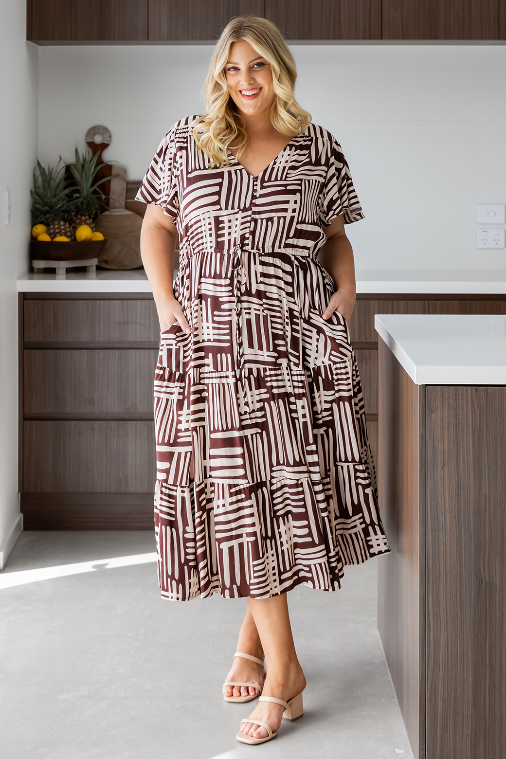 Final Sale | Bonnie Midi Dress Pathways Print Chocolate