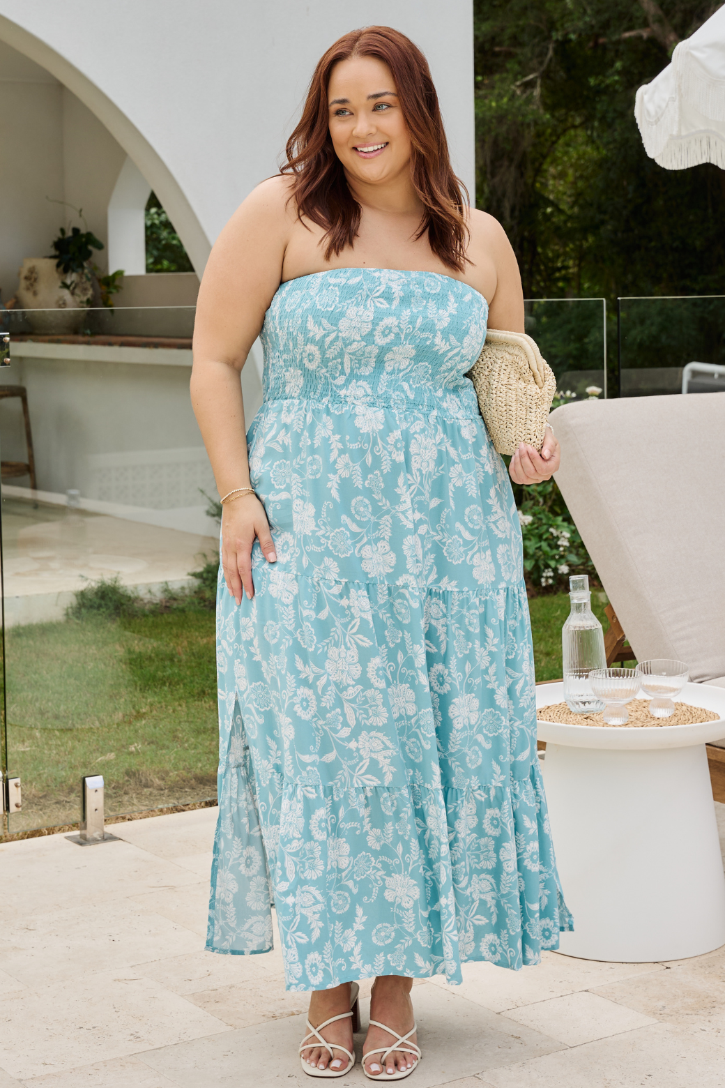 Bridie Strapless Shirred Midi Dress Josephine Print Turquoise