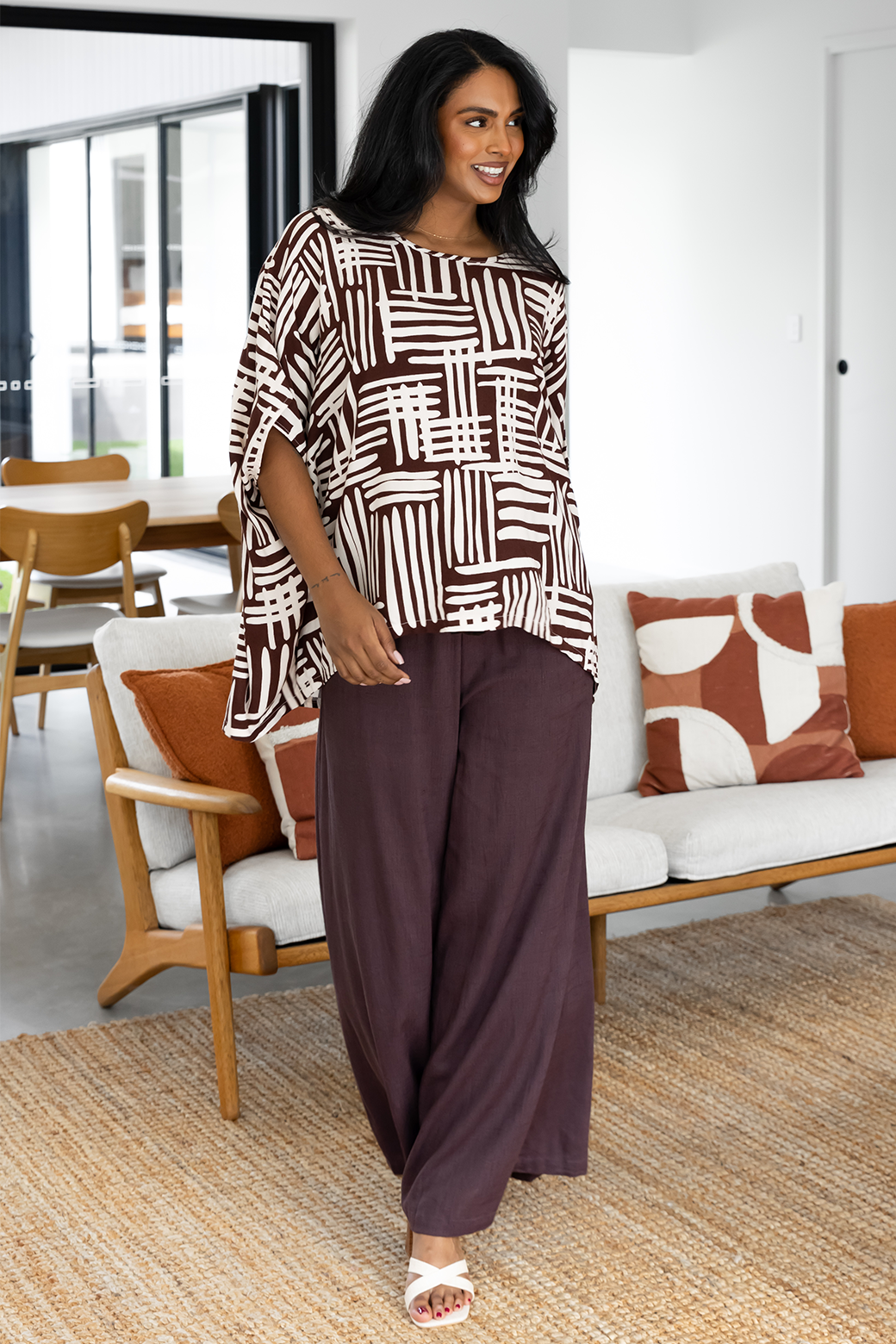 Final Sale | Brodie Drape Top Pathways Print Chocolate