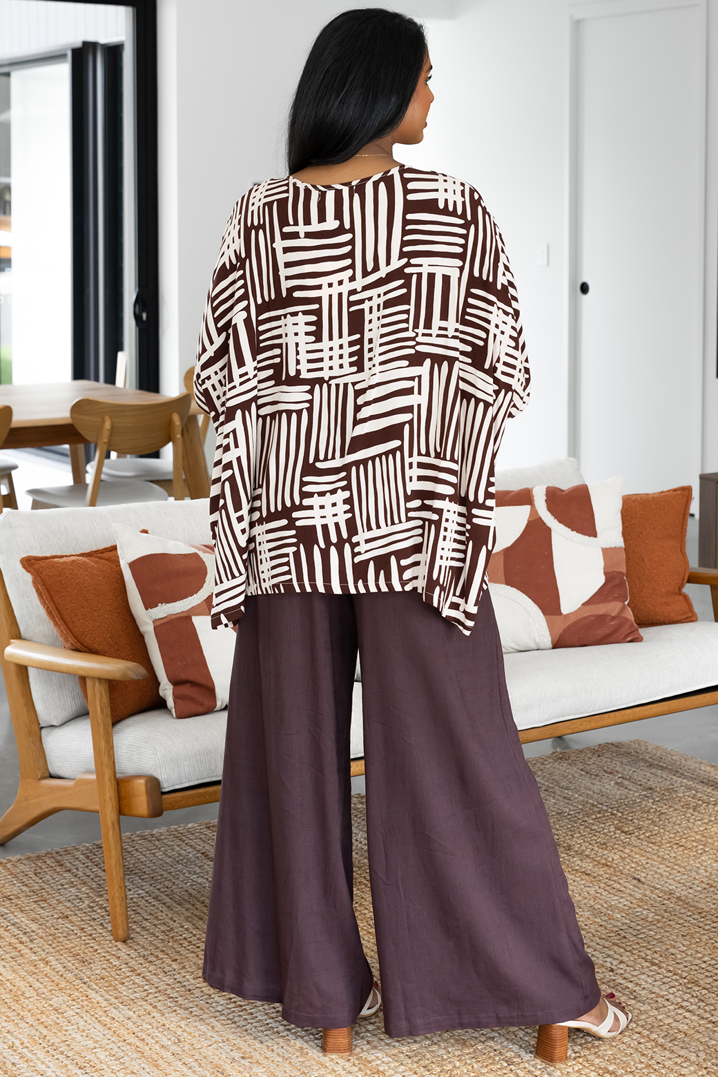 Final Sale | Brodie Drape Top Pathways Print Chocolate