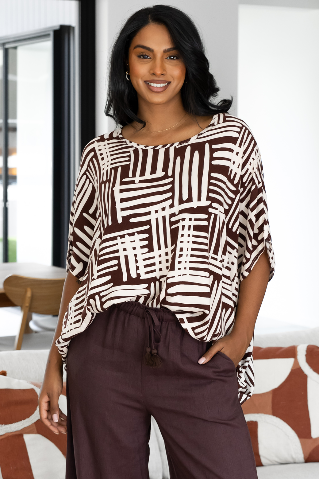 Final Sale | Brodie Drape Top Pathways Print Chocolate