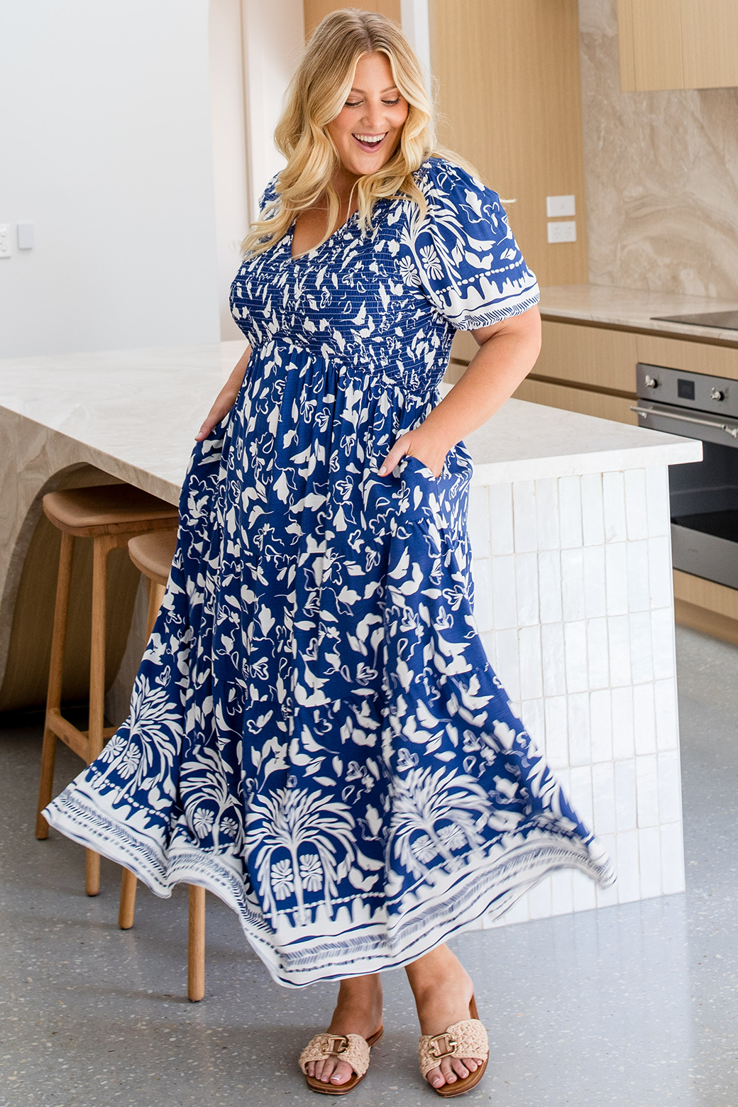 Final Sale | Caris Midi Dress Mahalo Print Navy White