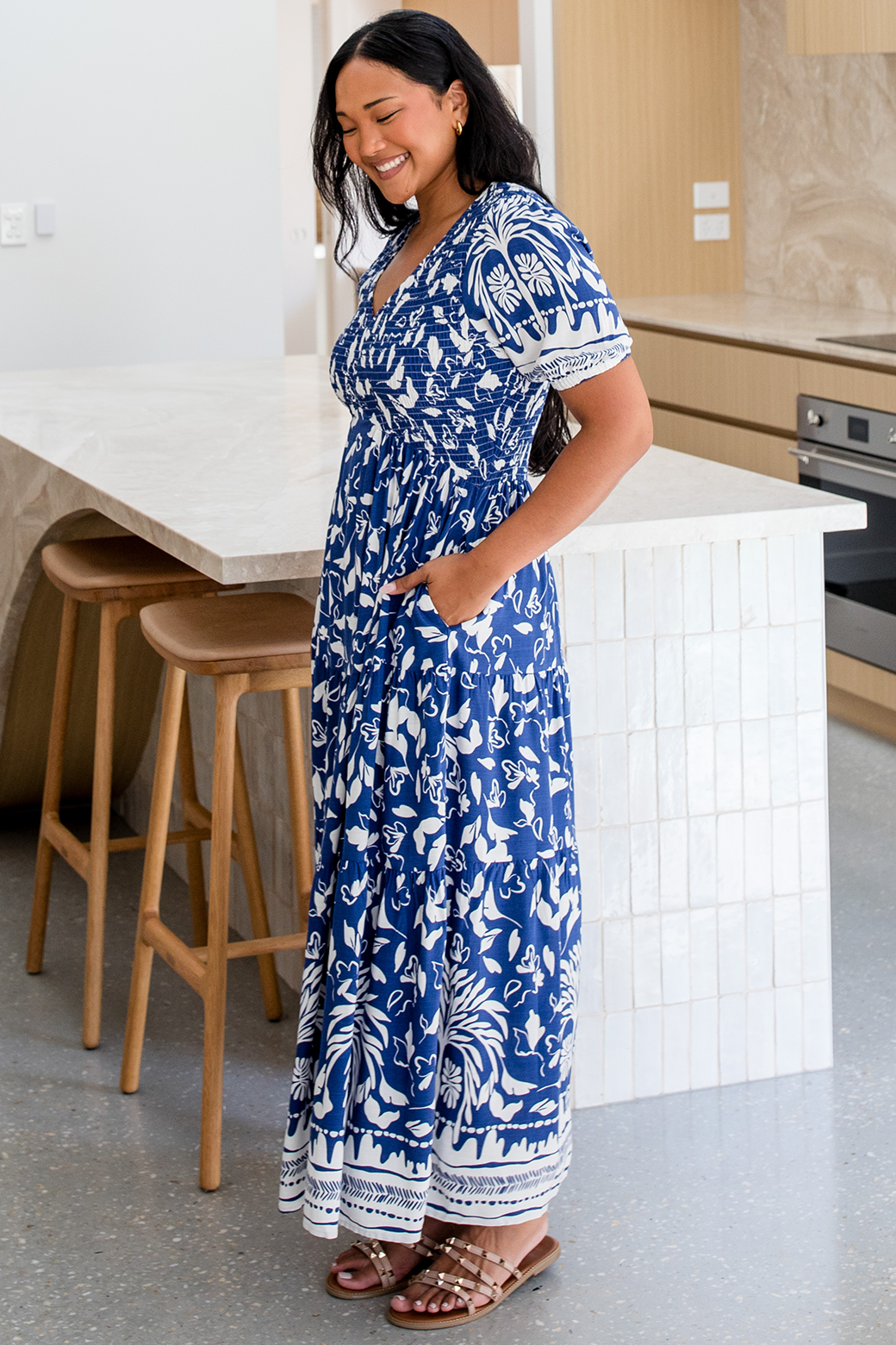 Final Sale | Caris Midi Dress Mahalo Print Navy White