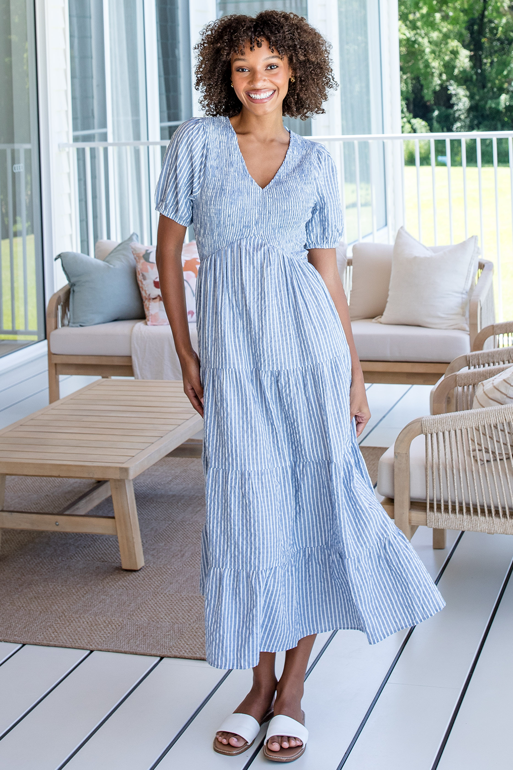 Navy striped midi dress deals