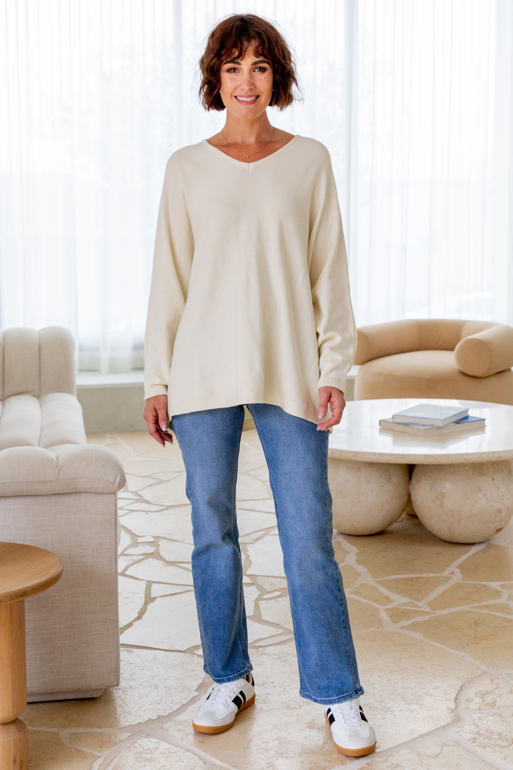 Carson Wool Blend V-Neck Jumper Vanilla