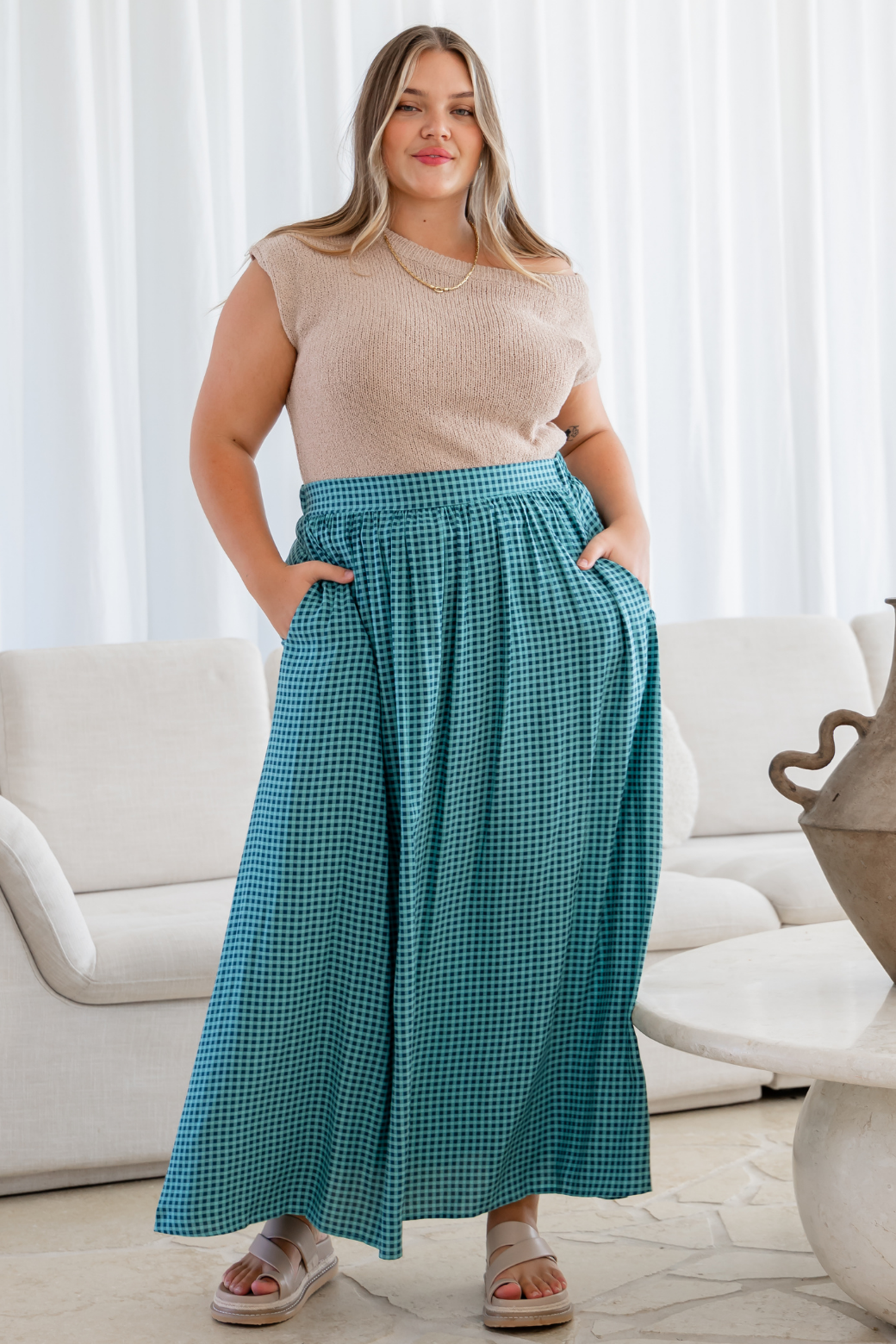 Cleo Maxi Skirt Teal Gingham