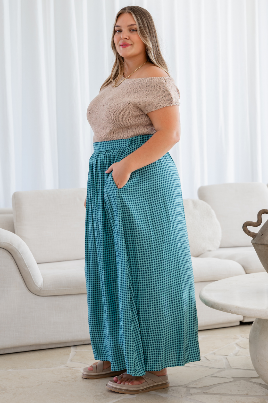 Cleo Maxi Skirt Teal Gingham