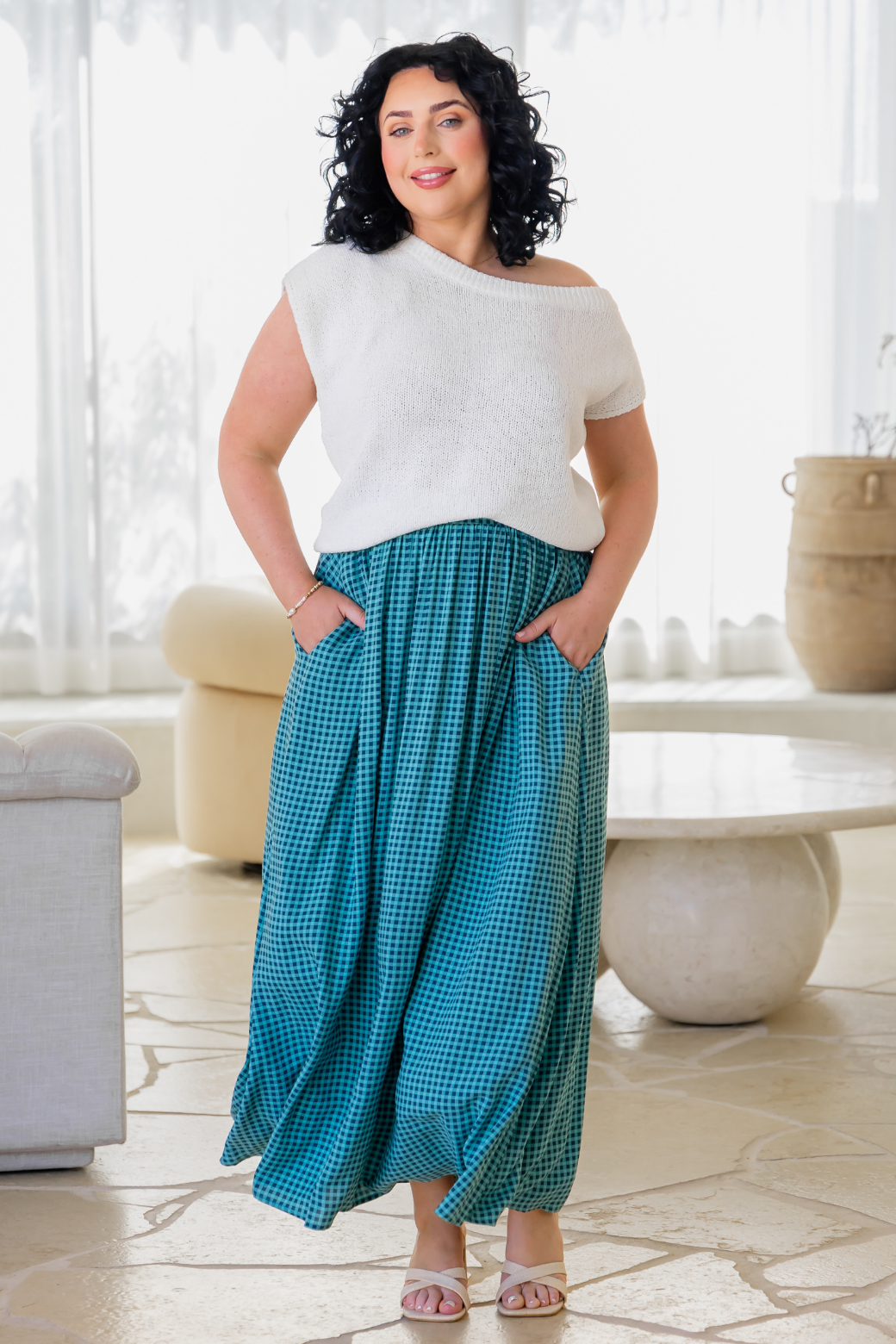 Cleo Maxi Skirt Teal Gingham