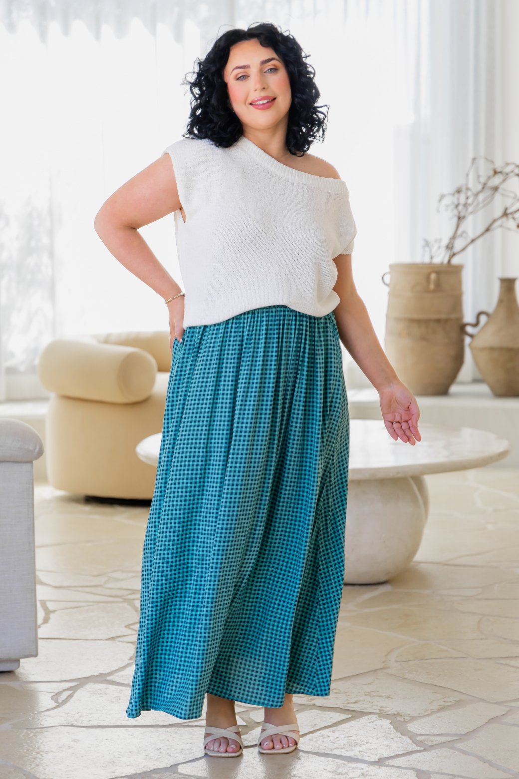Cleo Maxi Skirt Teal Gingham