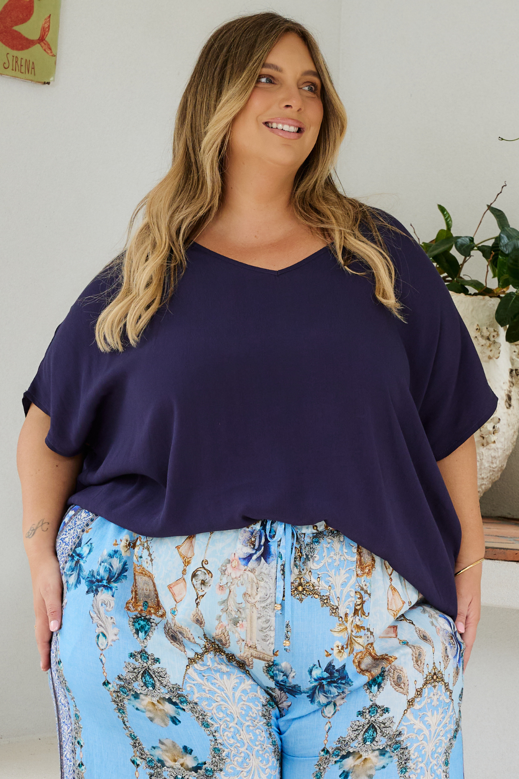Corey V Neck Drape Top Navy