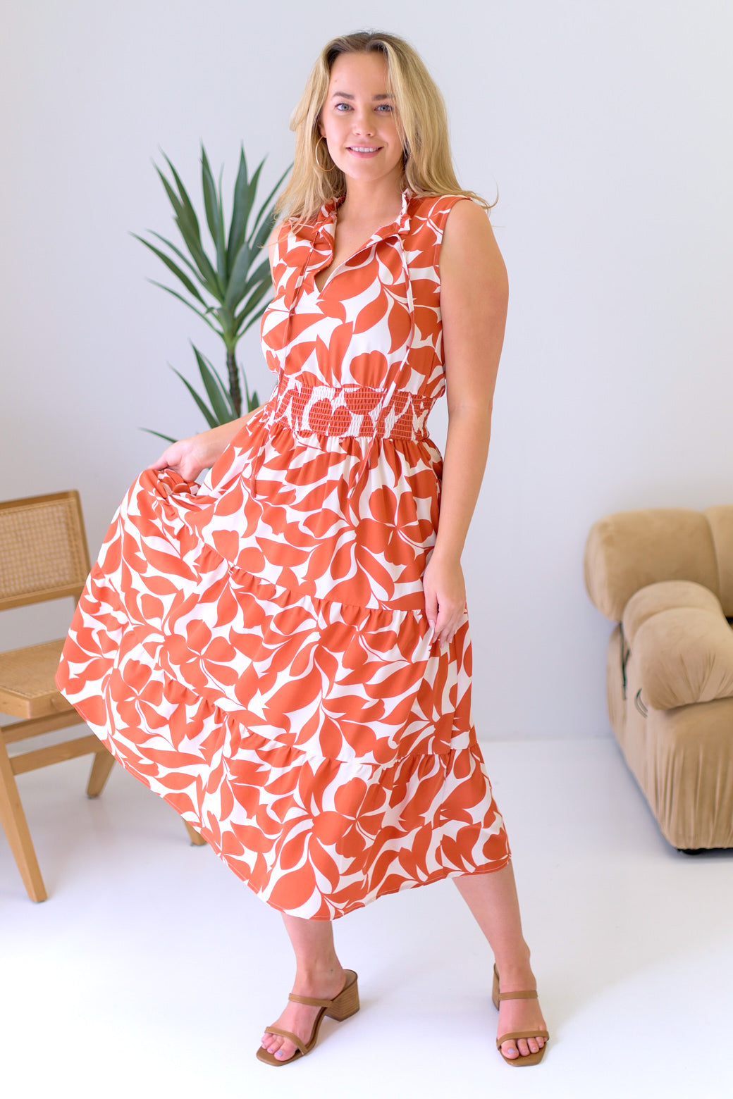 FINAL SALE Larissa Midi Dress Abstract Floral Print Terracotta