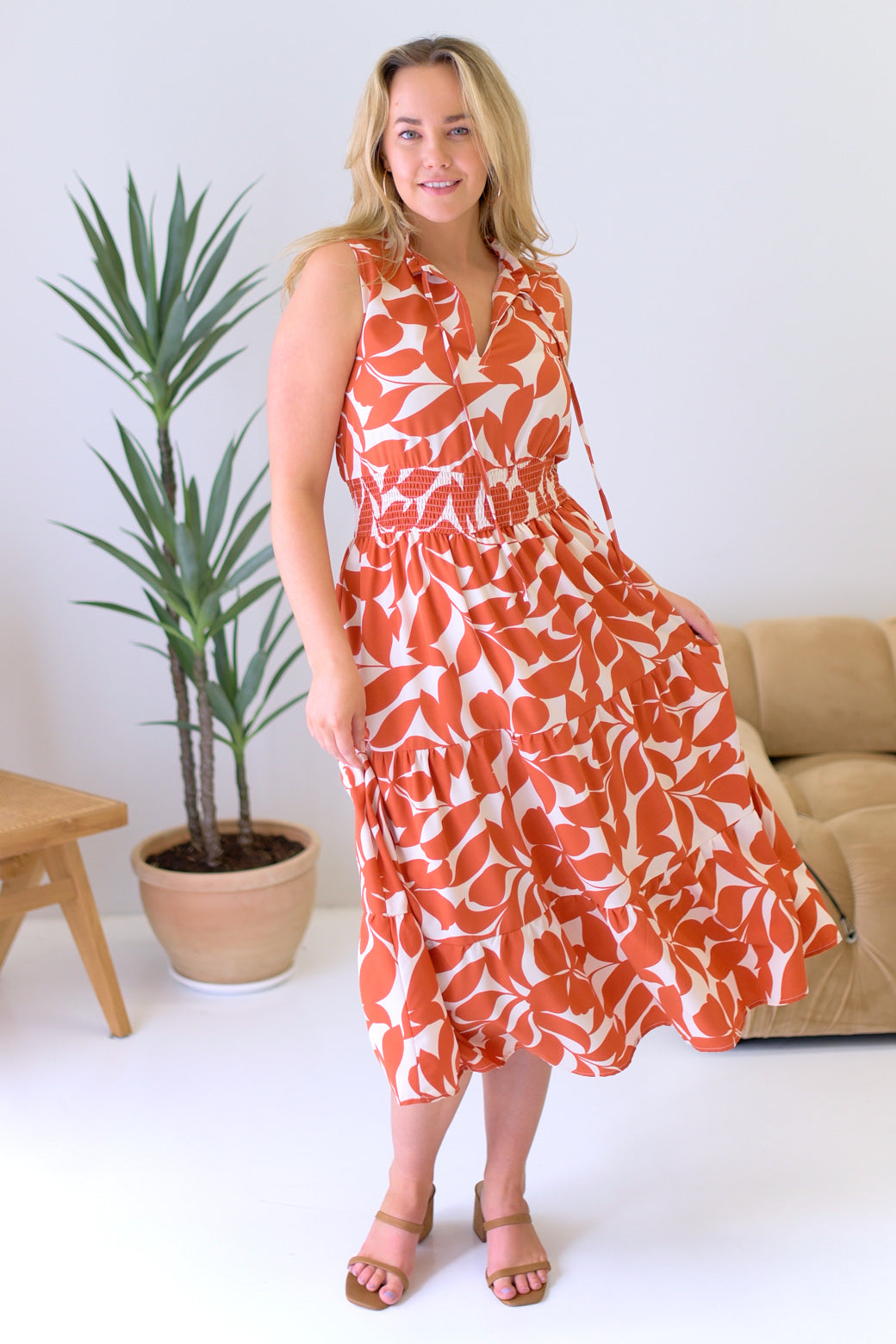 FINAL SALE Larissa Midi Dress Abstract Floral Print Terracotta