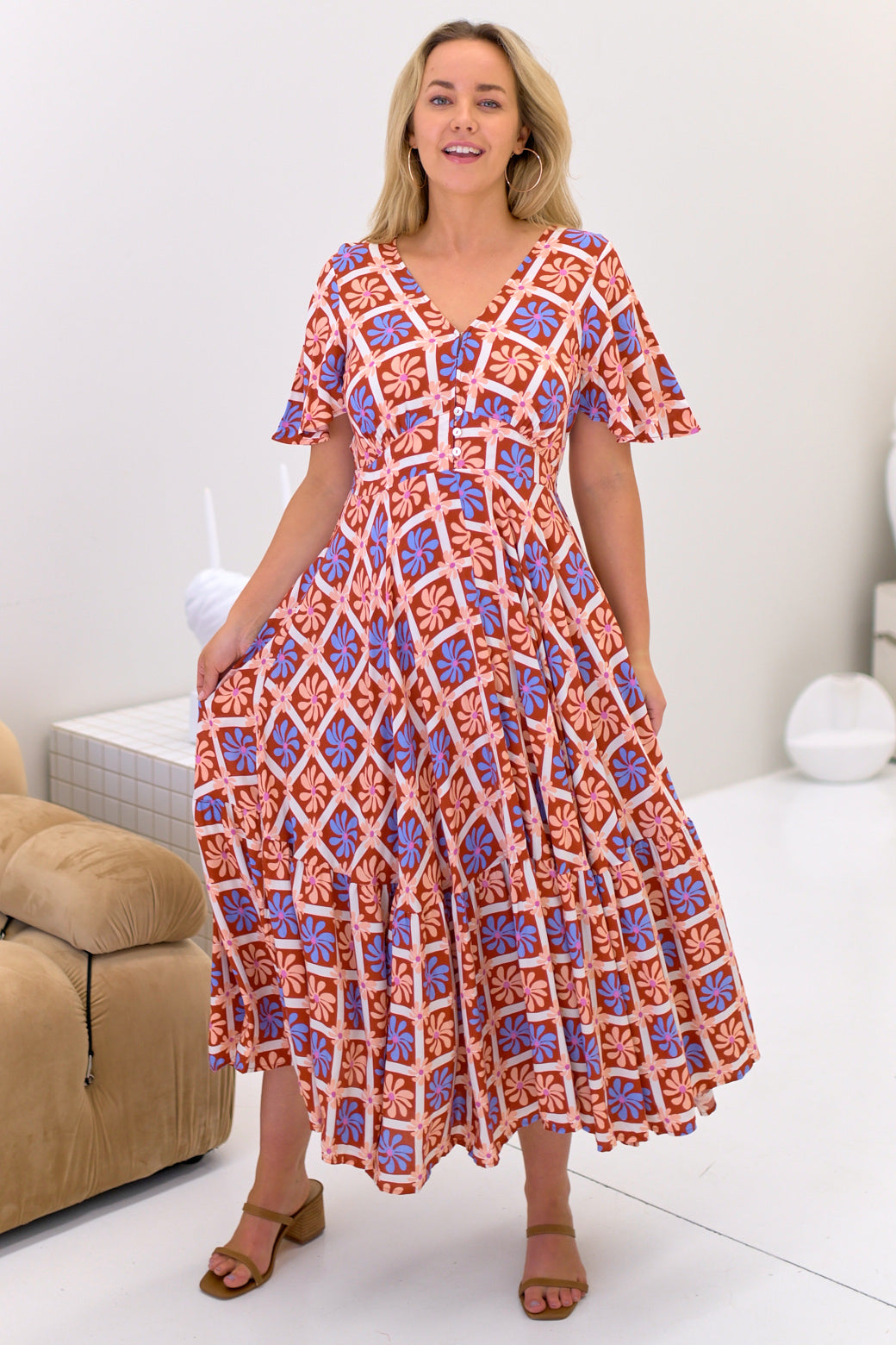 FINAL SALE Bethany Maxi Dress Mosaic Print Rust Multi