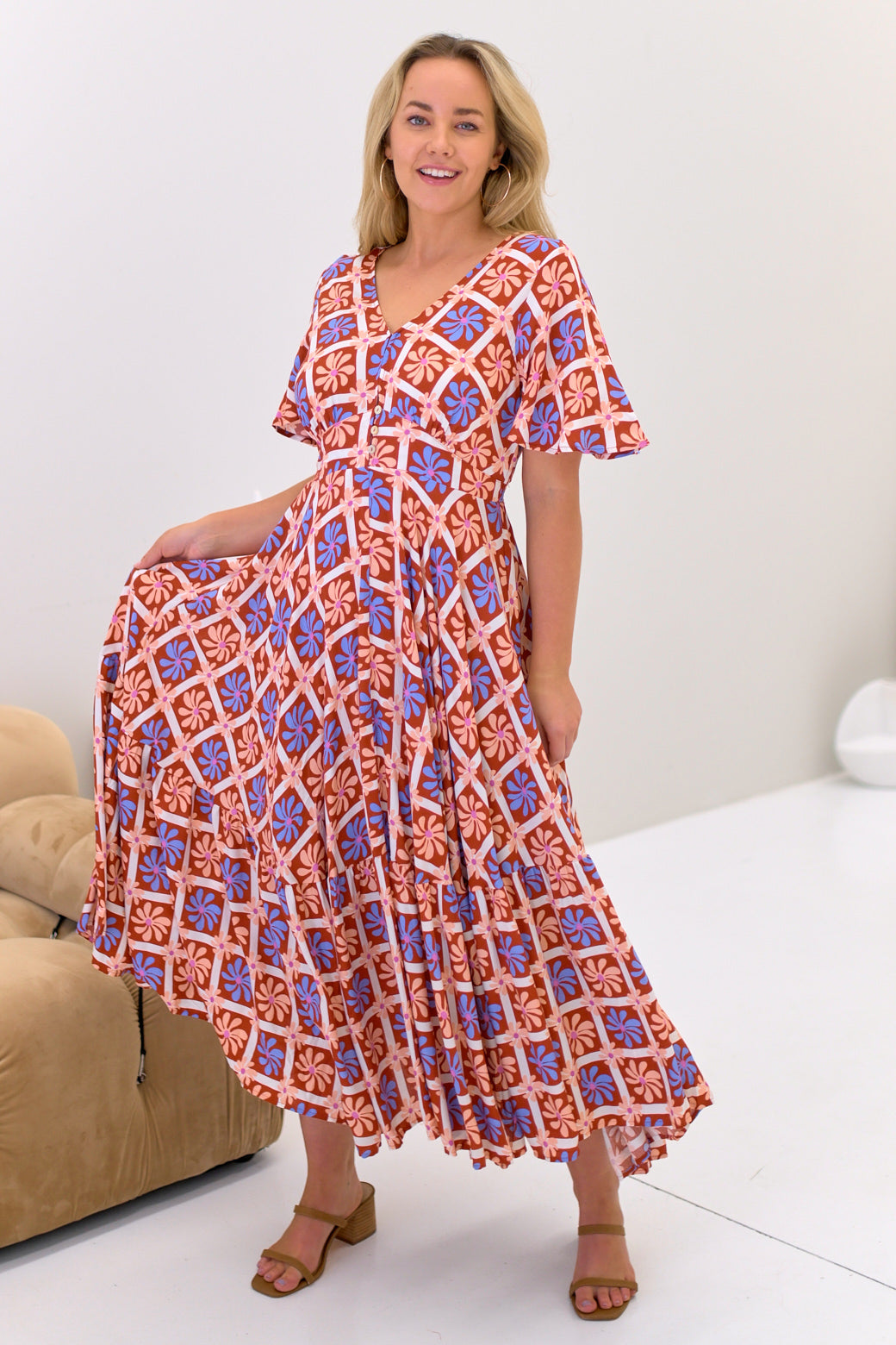 FINAL SALE Bethany Maxi Dress Mosaic Print Rust Multi