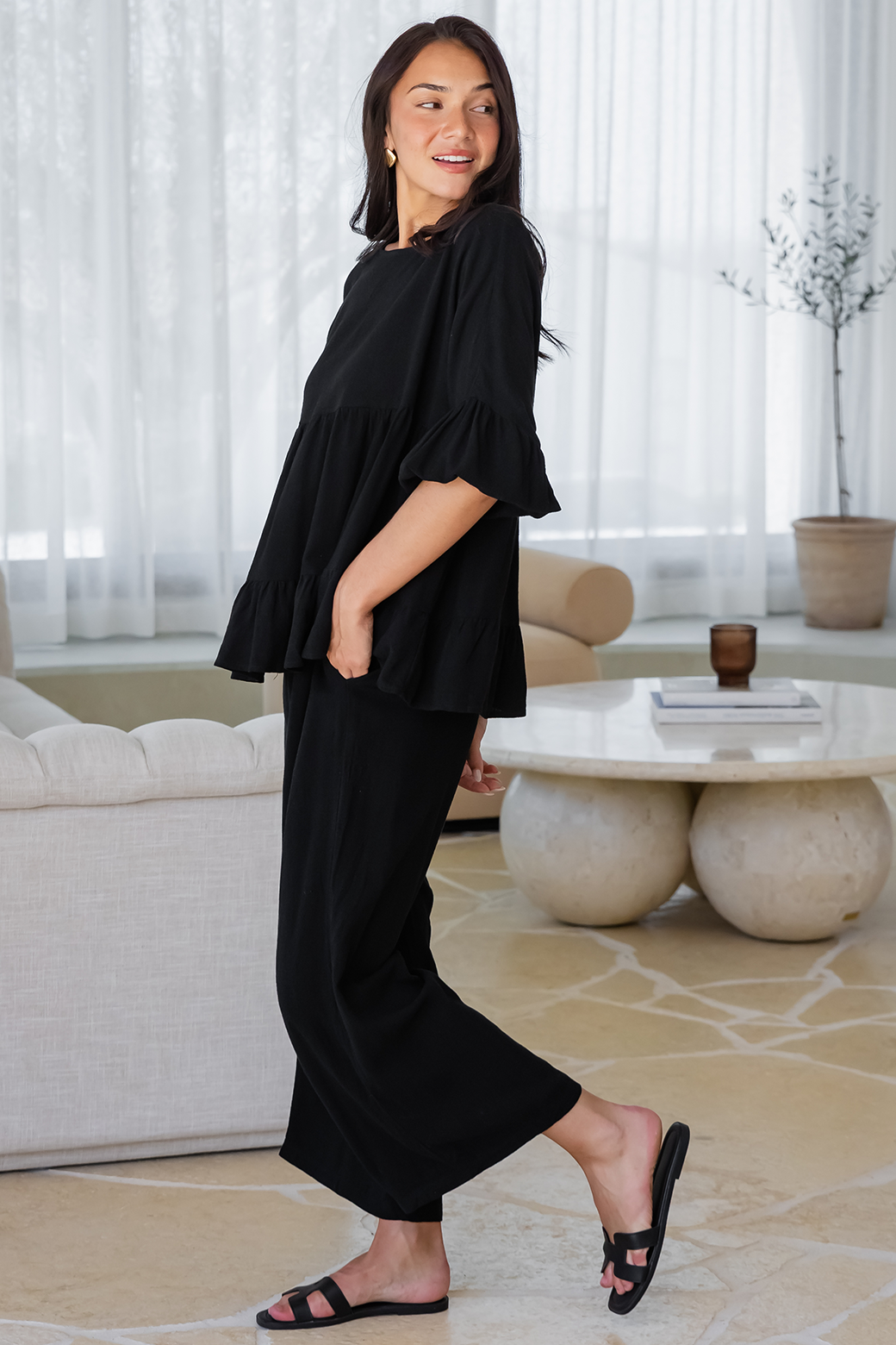 Daisy Babydoll Linen Top Jet Black
