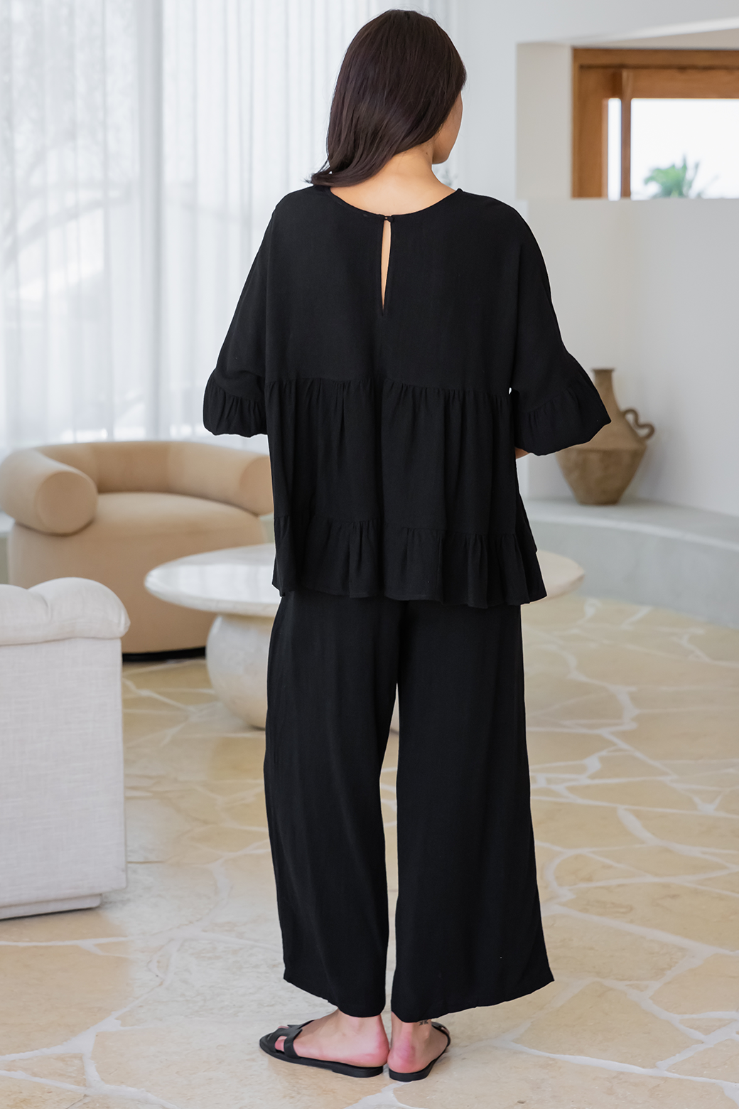 Daisy Babydoll Linen Top Jet Black