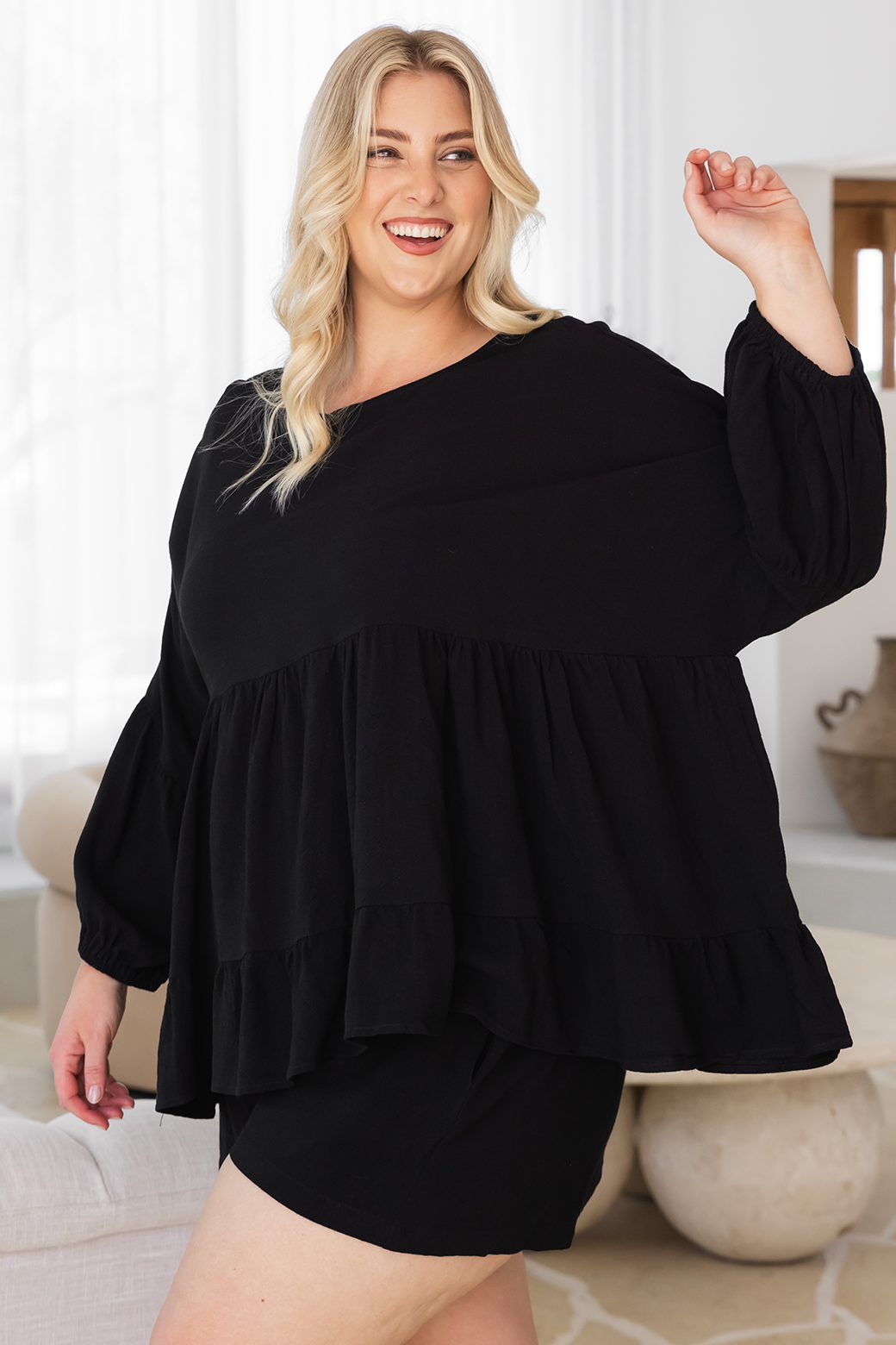 Daisy Babydoll Linen Top Jet Black