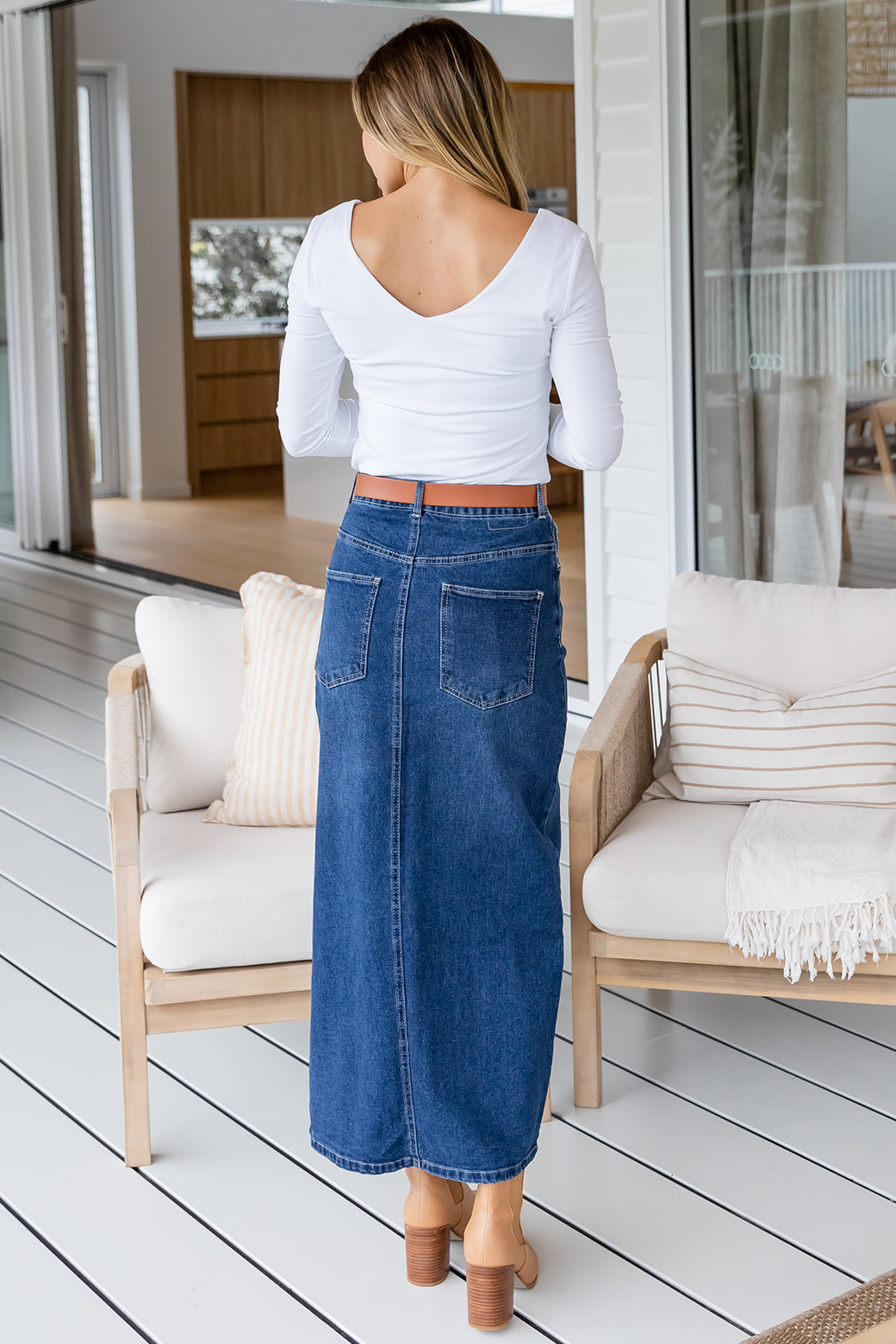 Final Sale | Emerald Stretch Denim Maxi Skirt 78 Wash