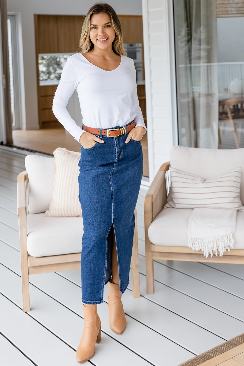 Final Sale | Emerald Stretch Denim Maxi Skirt 78 Wash