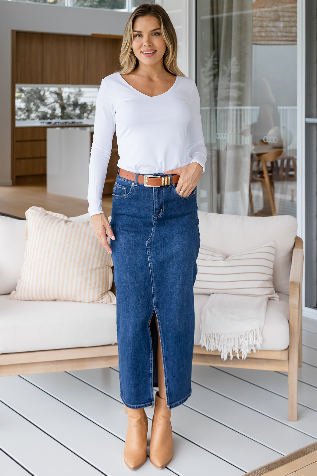 Final Sale | Emerald Stretch Denim Maxi Skirt 78 Wash