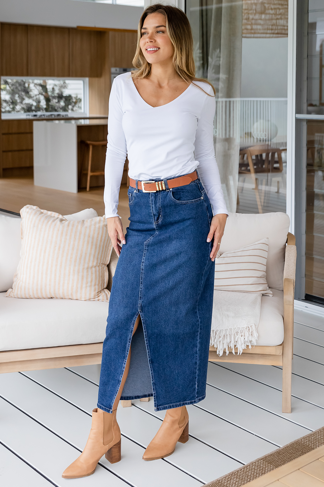 Final Sale | Emerald Stretch Denim Maxi Skirt 78 Wash
