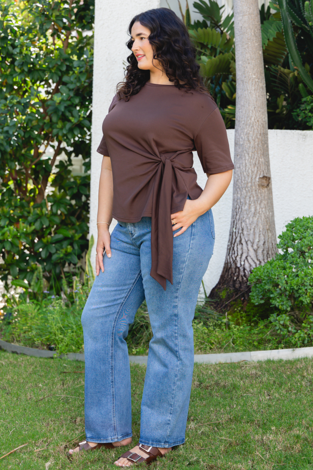 Delaney Side Tie Tshirt Top Bitter Chocolate